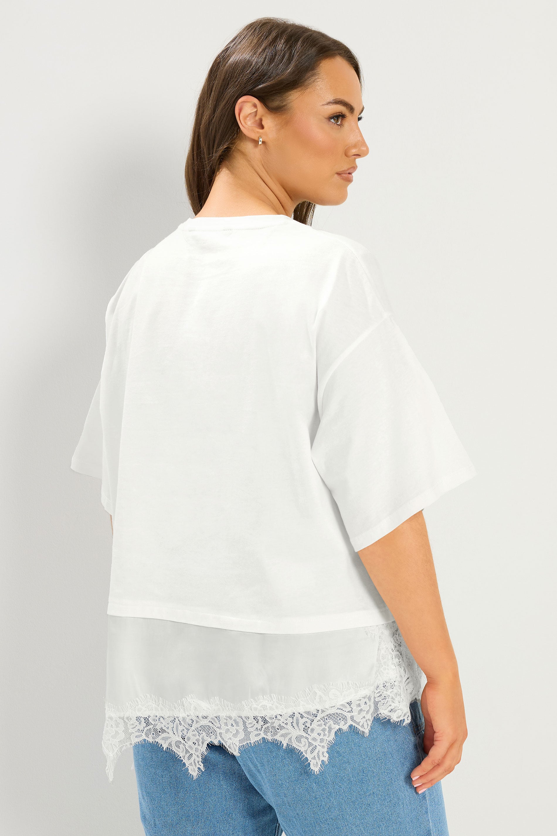 YOURS Plus Size White Satin Lace Trim T-Shirt | Yours Clothing 2