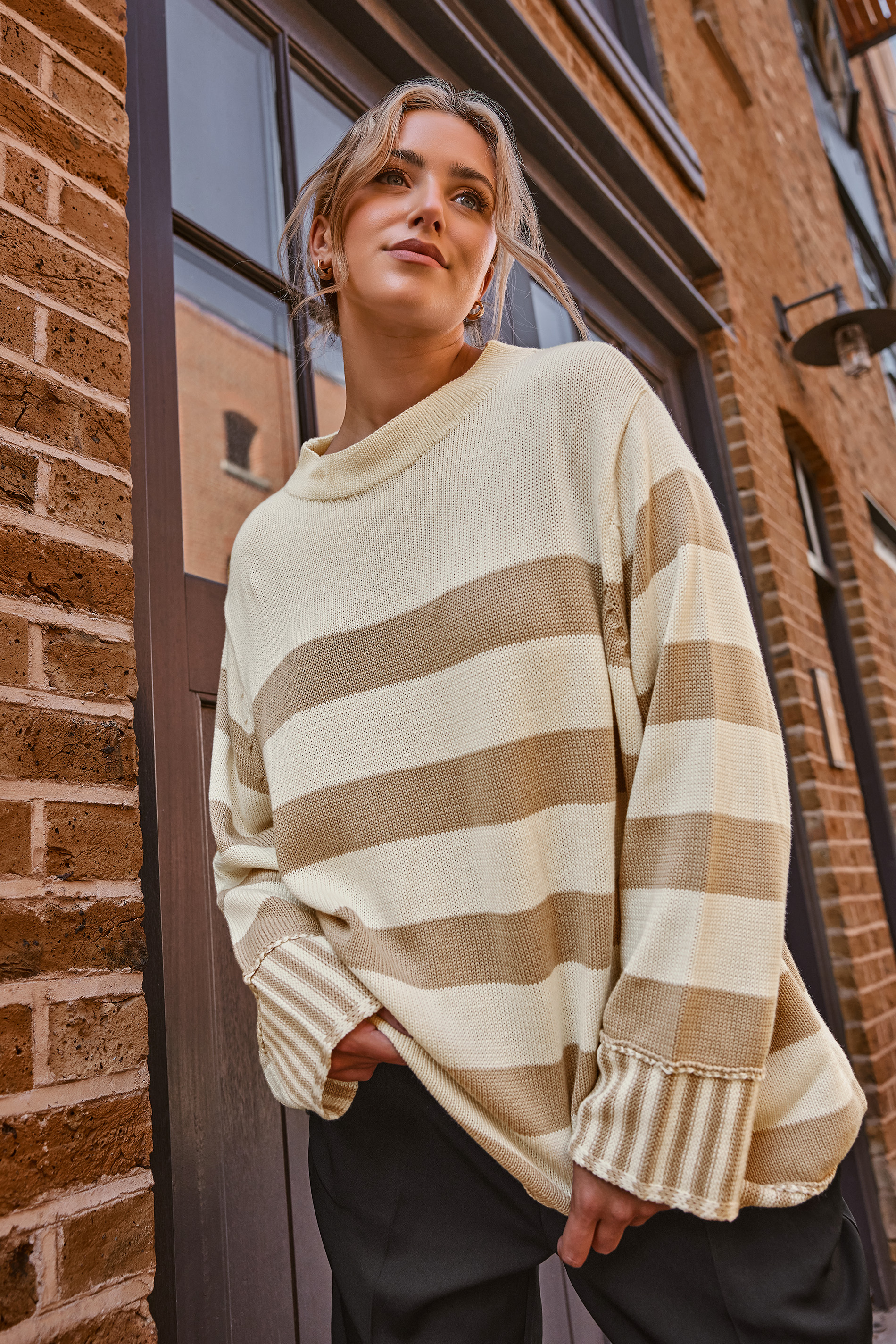 YOURS Plus Size Cream & Beige Stripe Jumper | Yours Clothing 1