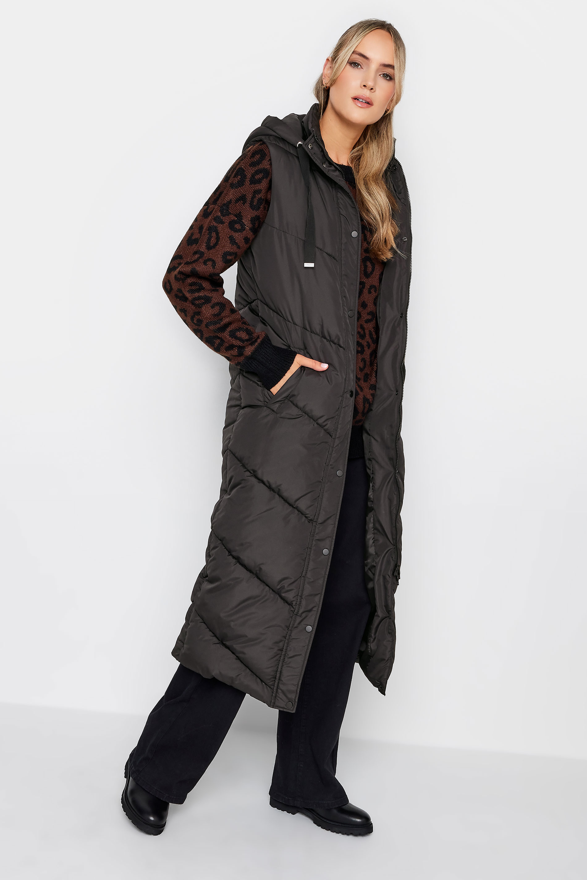 LTS Tall Black Quilted Longline Hooded Gilet | Long Tall Sally 1