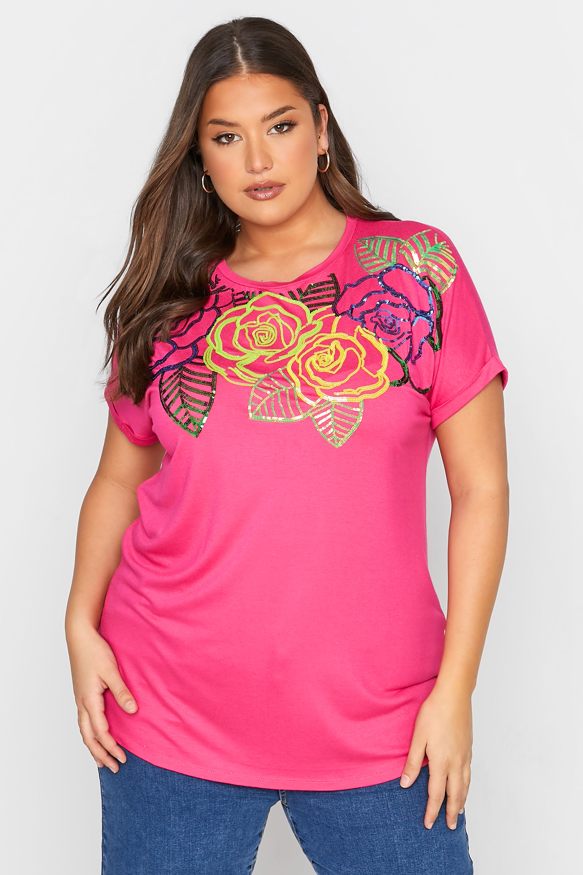 Curve Hot Pink Floral Embellished Sequin T-Shirt 1