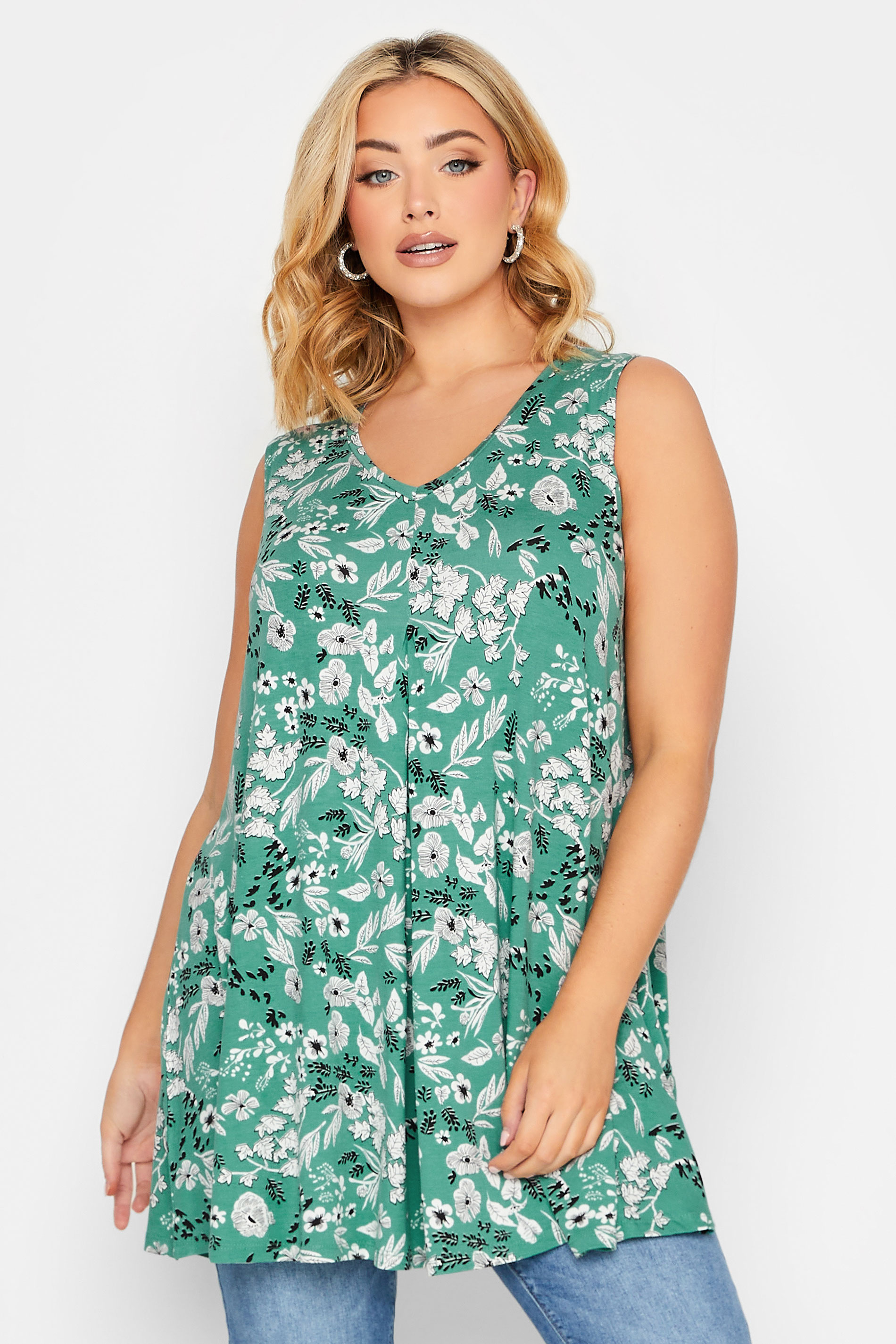 YOURS Plus Size Green Floral Pleat Front Vest Top | Yours Clothing  1