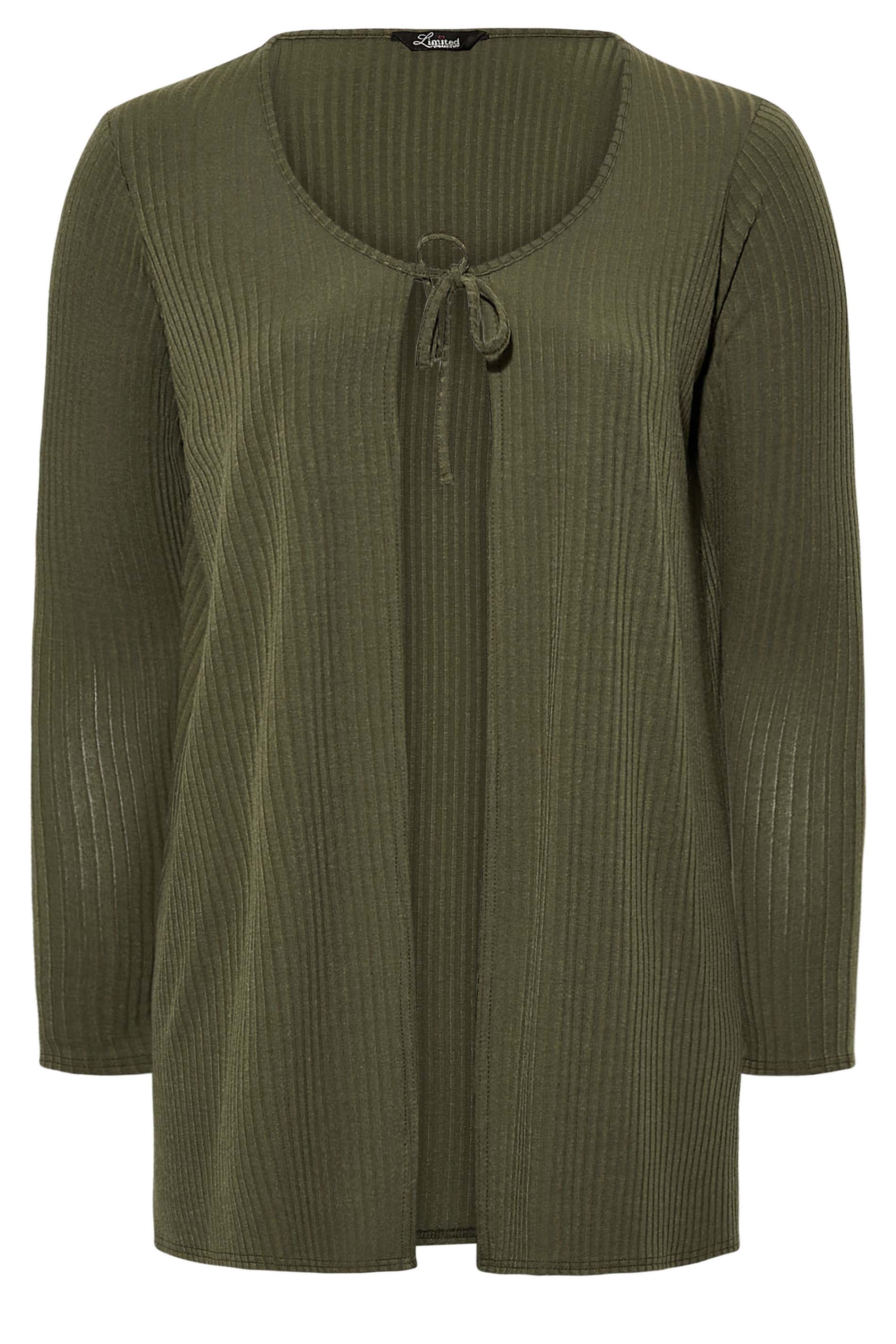 LIMITED COLLECTION Curve Khaki Green Tie Ribbed Cardigan 1