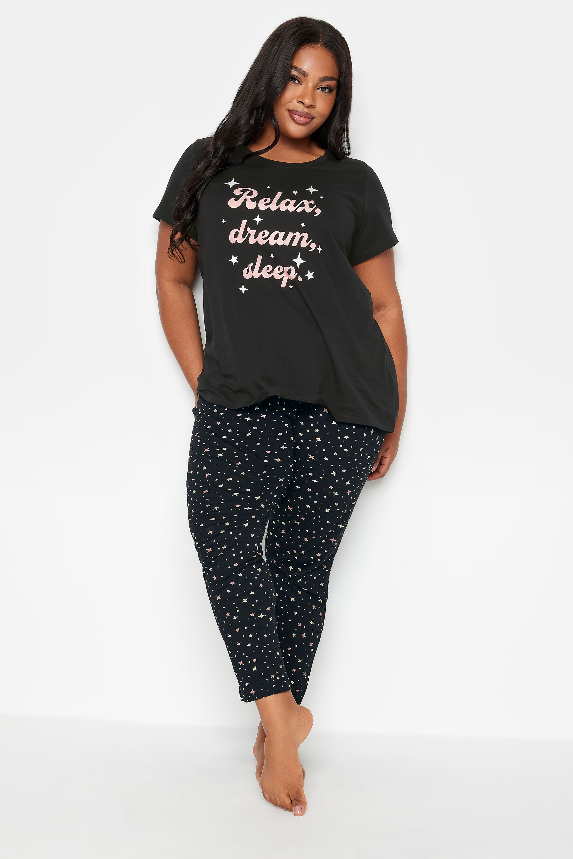 YOURS Plus Size Black 'Relax Dream Sleep' Star Print Pyjama Set | Yours Clothing 1