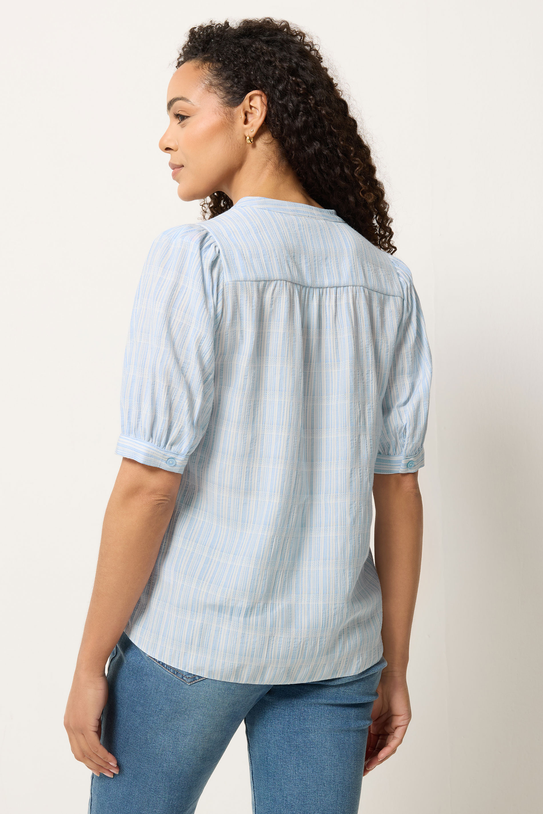 M&Co Blue Stripe Short Puff Sleeve Blouse | M&Co 2
