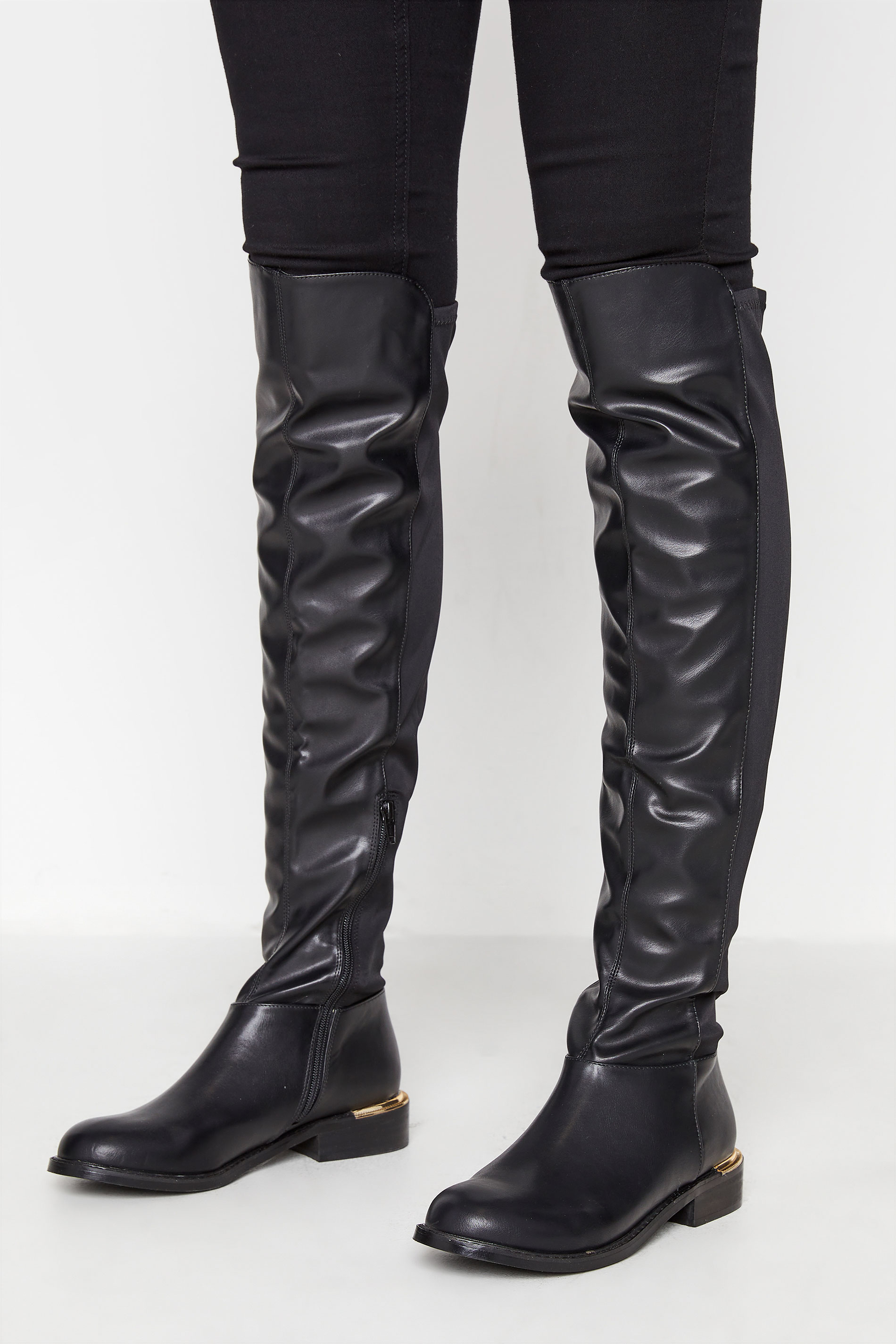 LTS Black Faux Leather Over The Knee Stretch Boots In Standard D Fit ...