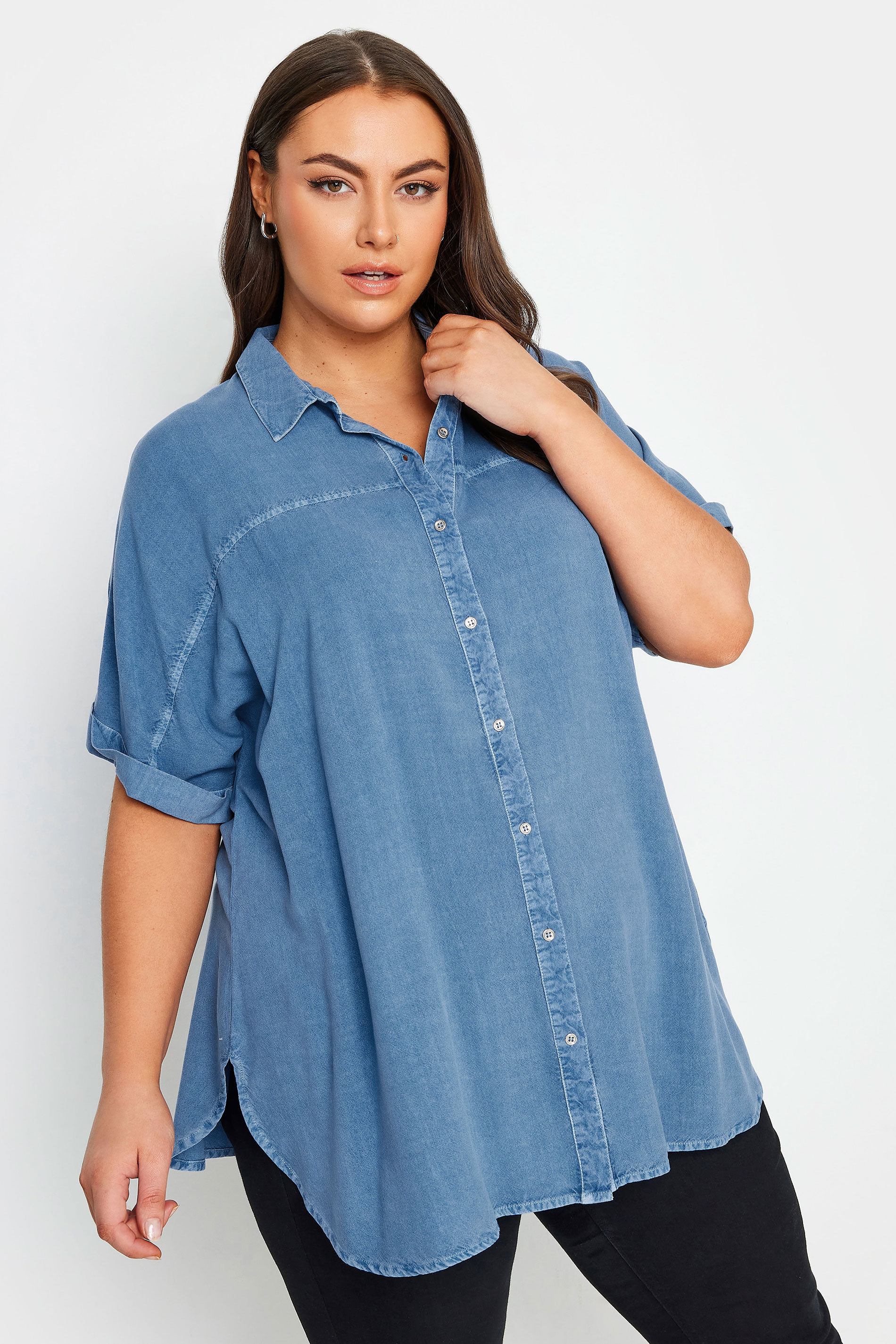 YOURS Plus Size Blue Chambray Shirt | Yours Clothing 1