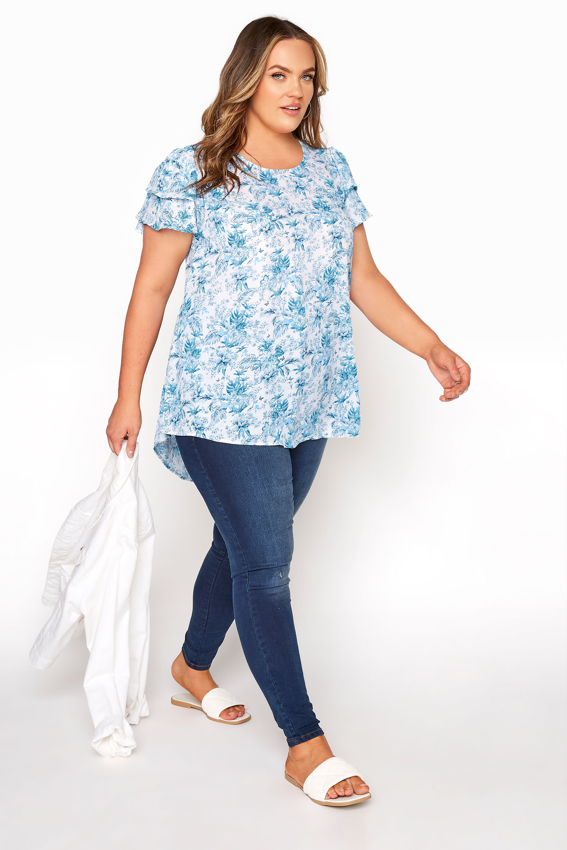 Grande taille  Tops Grande taille  Tops Casual | Blouse Blanche Floral Tropical Ourlet Plongeant - UN31046