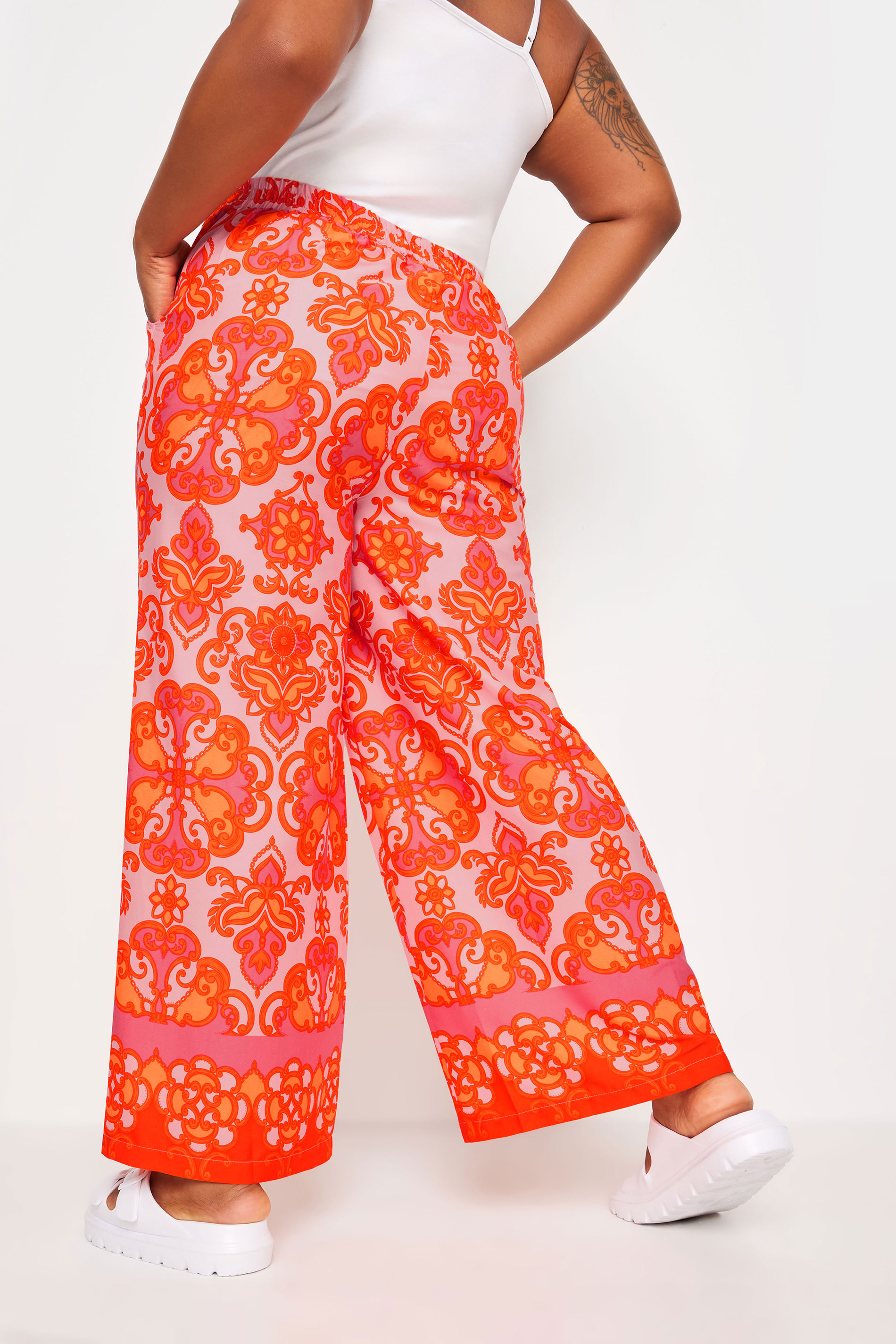 YOURS Plus Size Orange Abstract Print Wide Leg Trousers | Yours Clothing 3