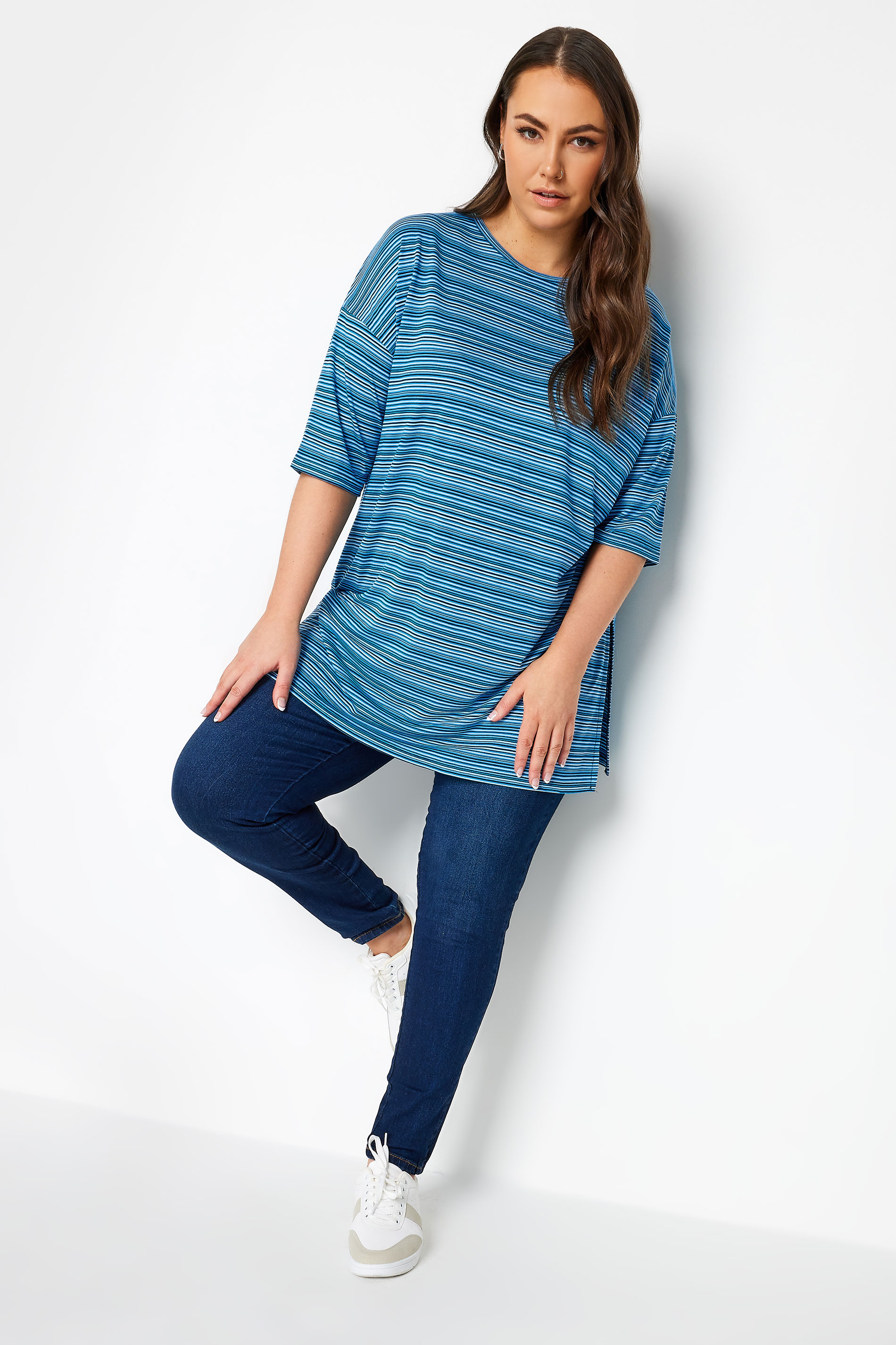 YOURS Curve Blue Stripe Oversized Top | Yours Clothing 2