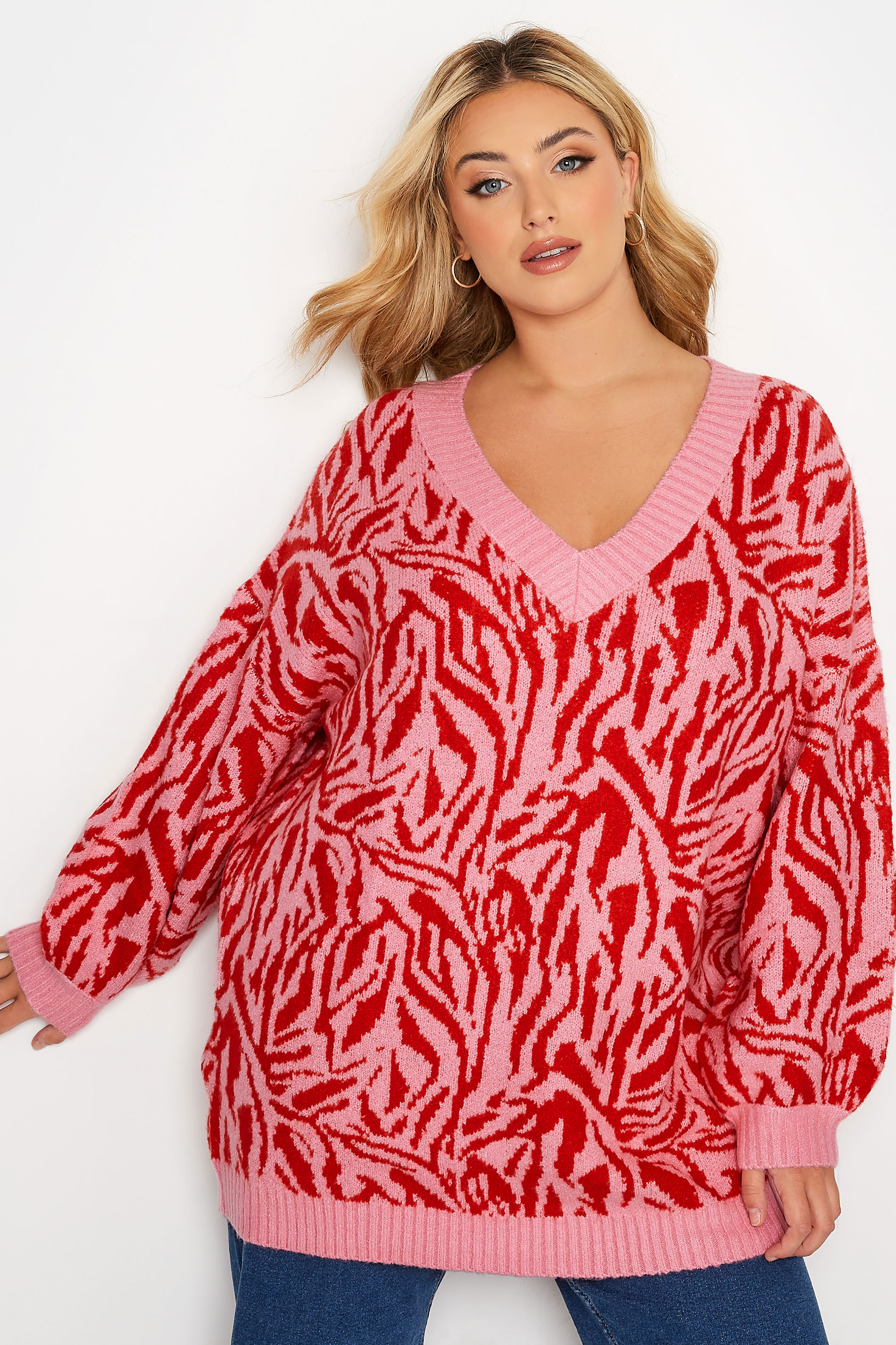 Plus Size Pink & Red Zebra Print V-Neck Jumper | Yours Clothing