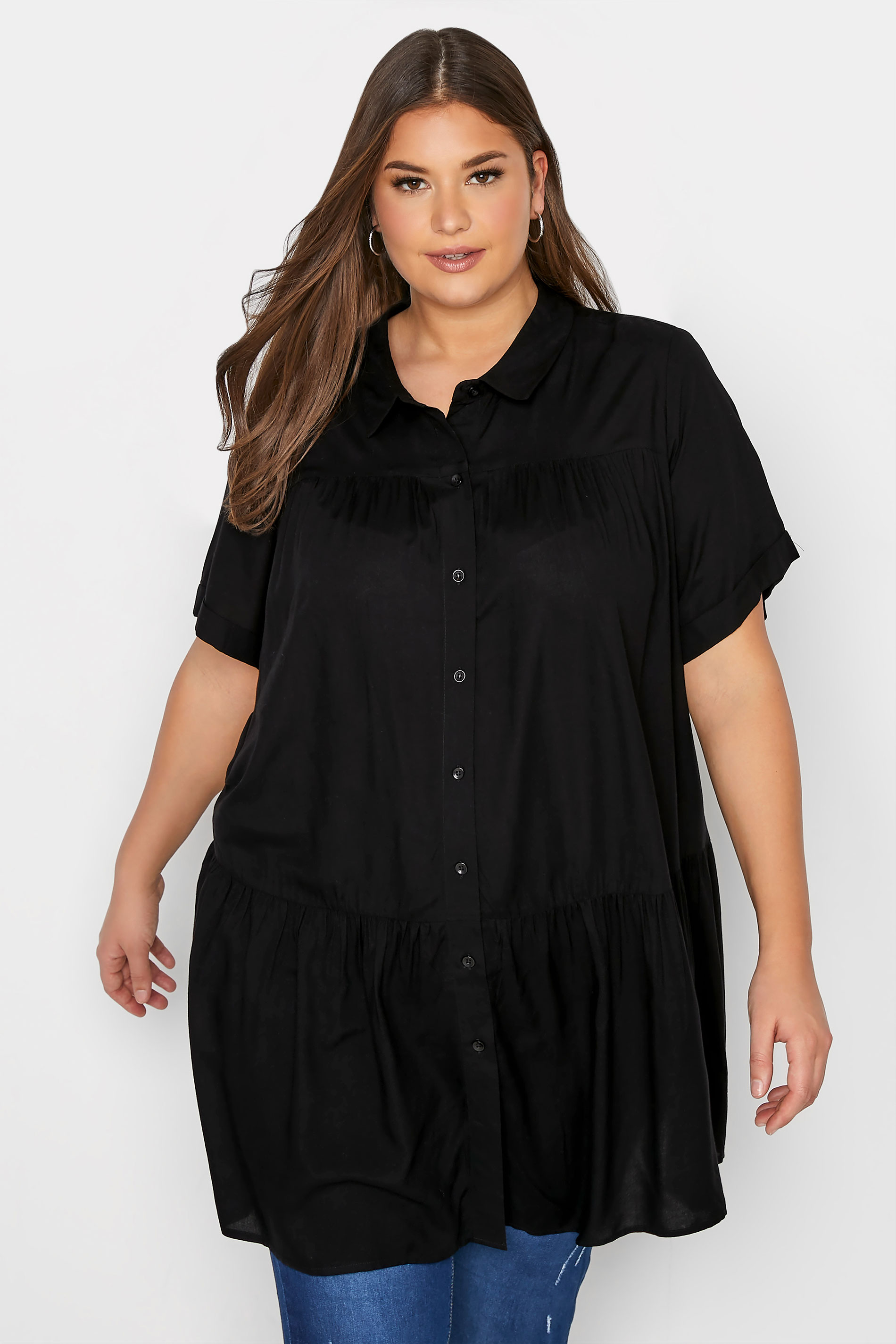 Black Tiered Smock Longline Shirt | Yours Clothing 1