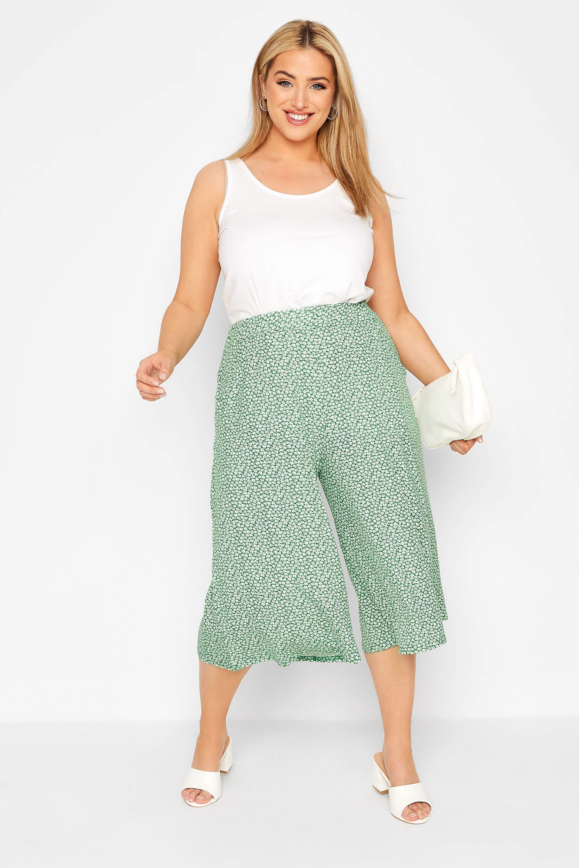 Grande taille  Pantalons Grande taille  Pantacourts | Jupe-Culotte en Jersey Vert Imprimé Petites Fleurs - ED01264
