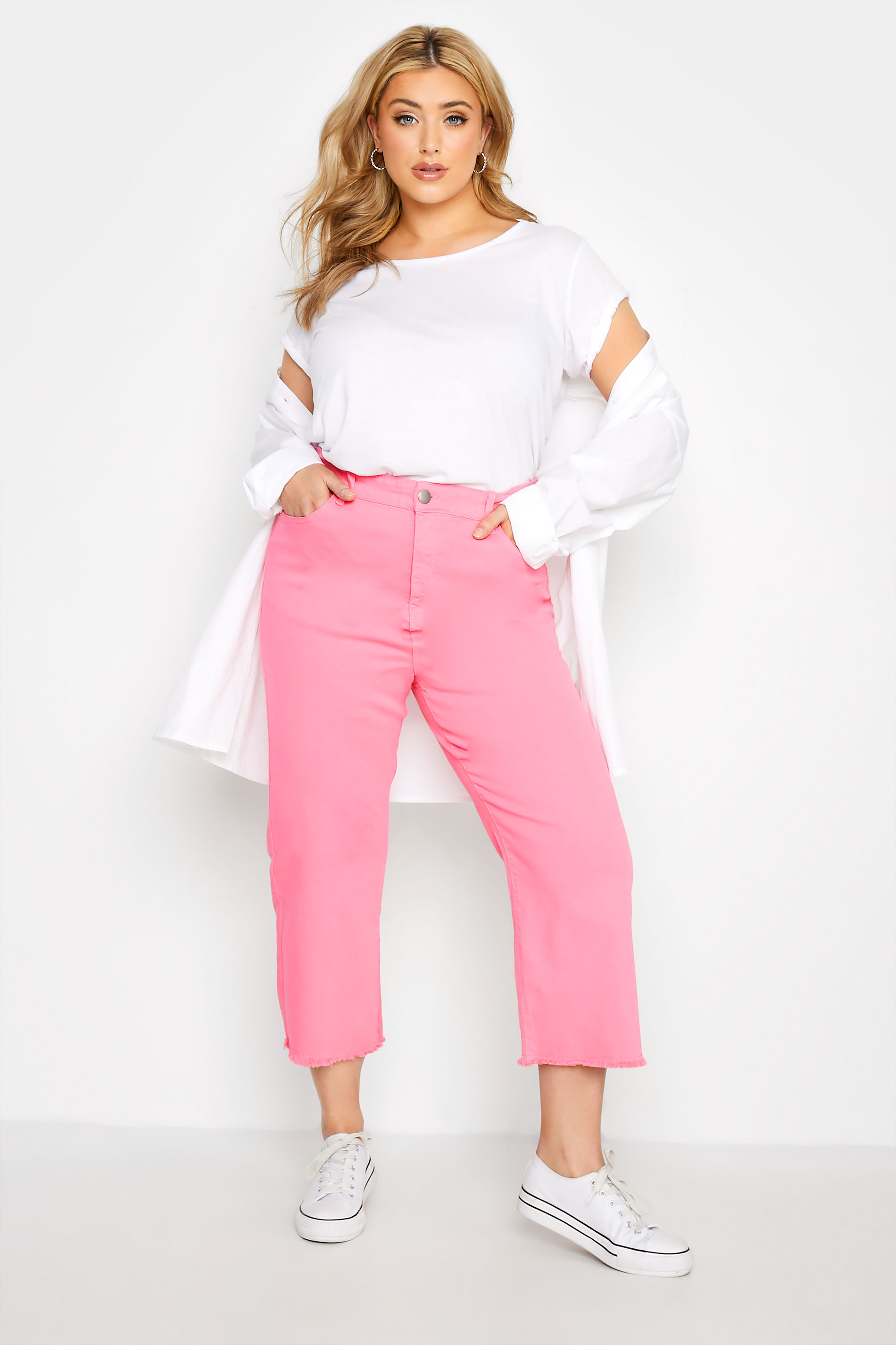 Curve Pink Stretch Wide Leg Cropped Jeans Sizes 14-32 1