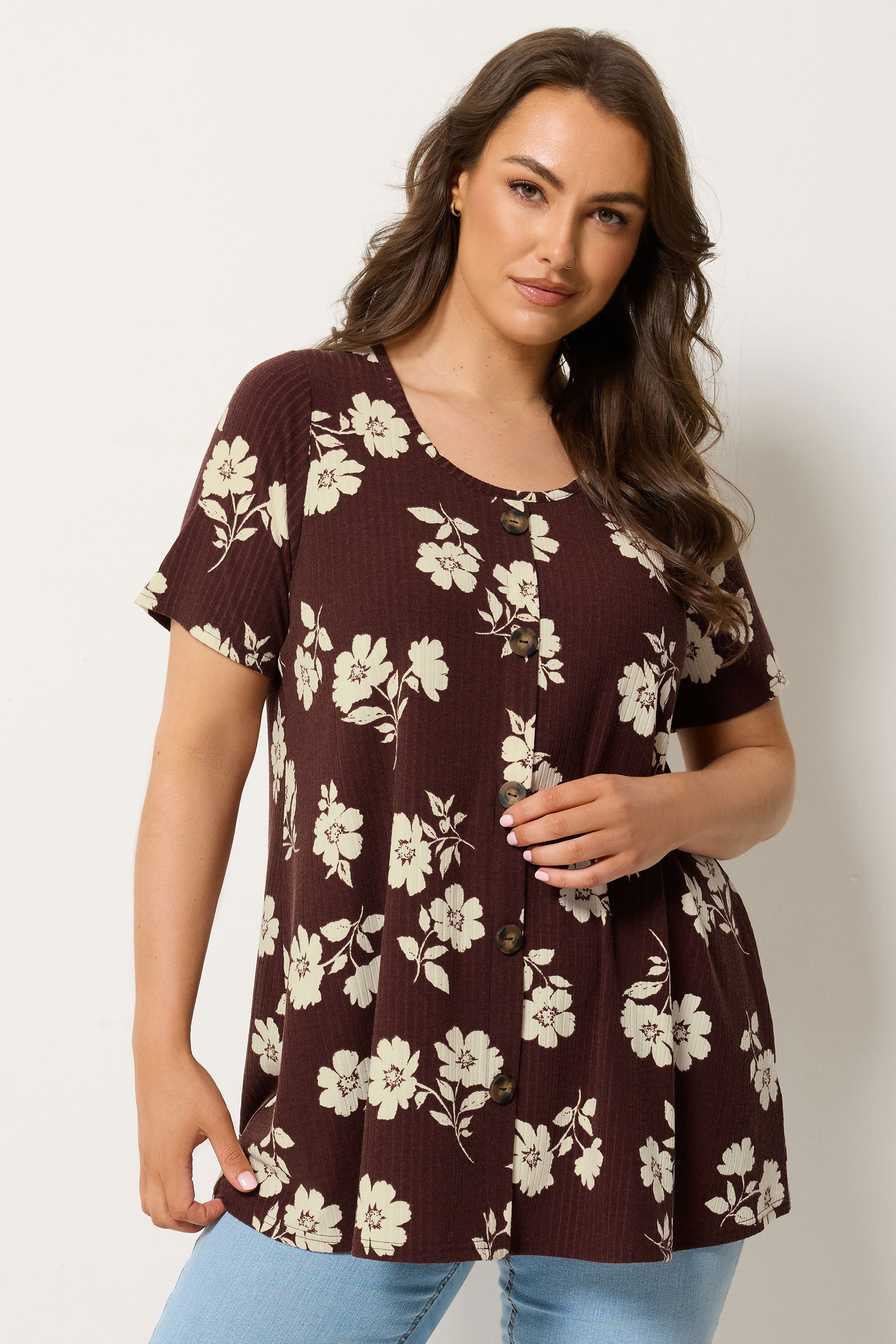 YOURS Plus Size Brown Floral Button Front Ribbed Swing Top | Yours Clothing 3