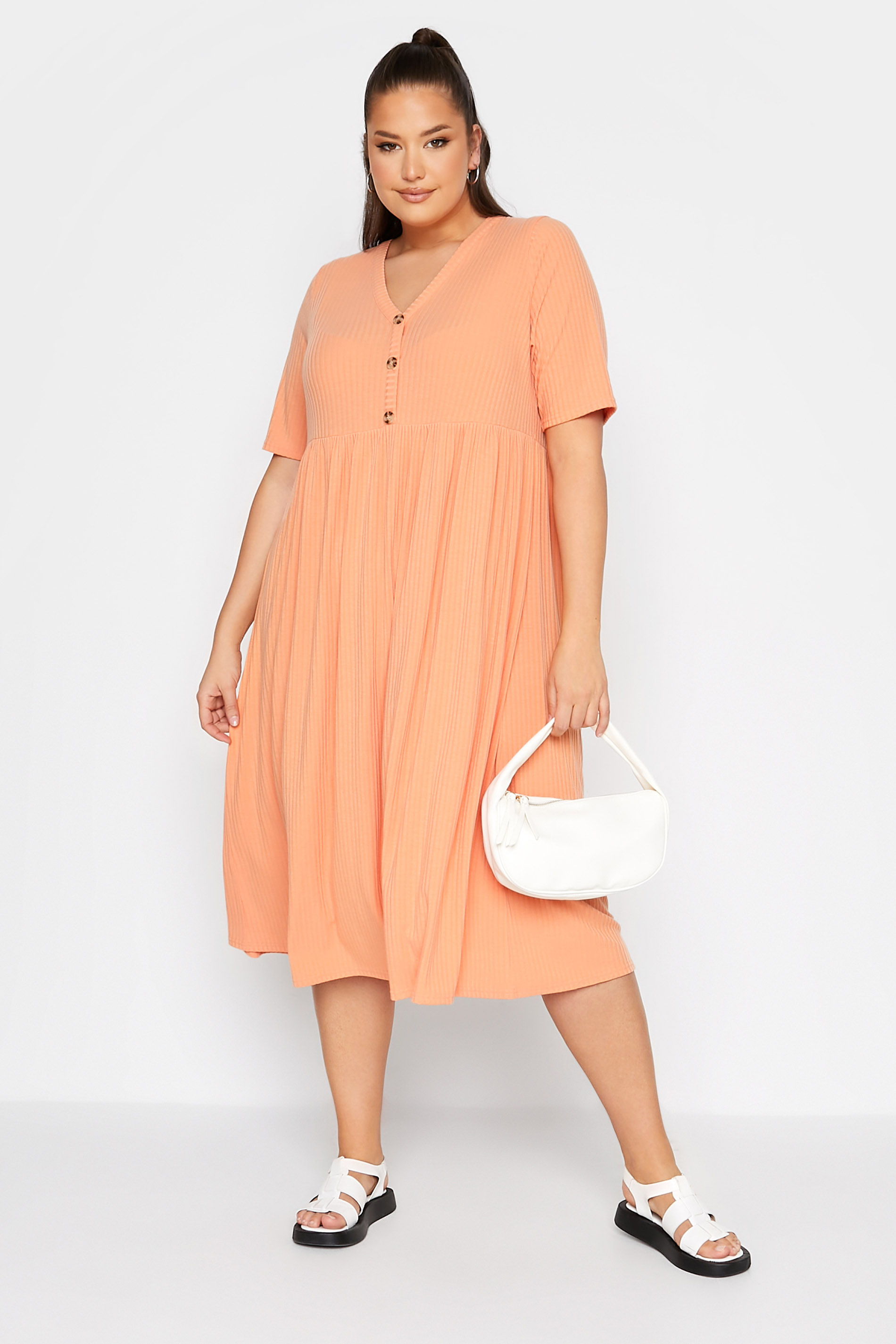 LIMITED COLLECTION Plus Size Light Orange Ribbed Peplum Midi Dress | Yours Clothing  1