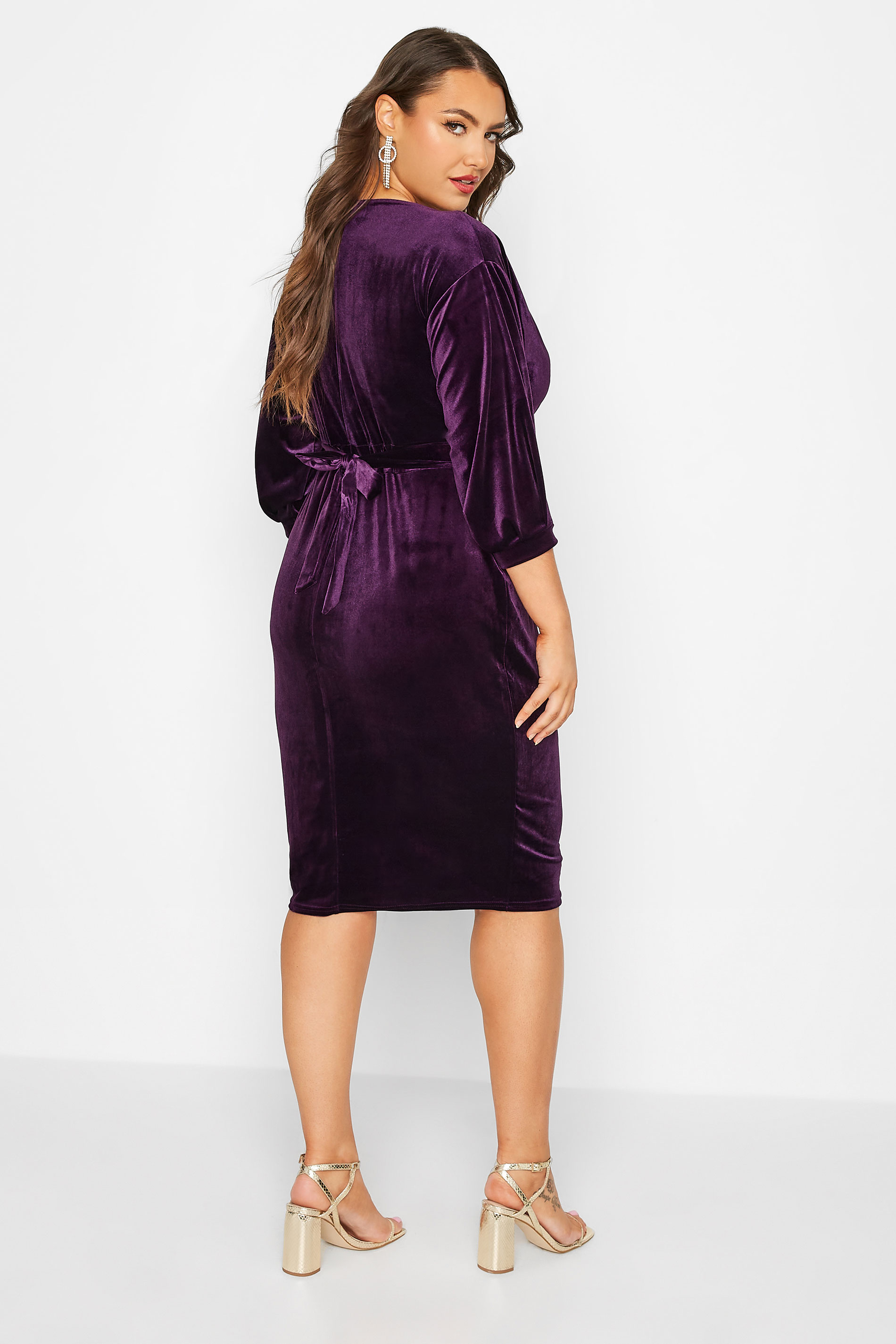 YOURS LONDON Curve Purple Velvet Drop Shoulder Bodycon Wrap Dress | Yours Clothing 3