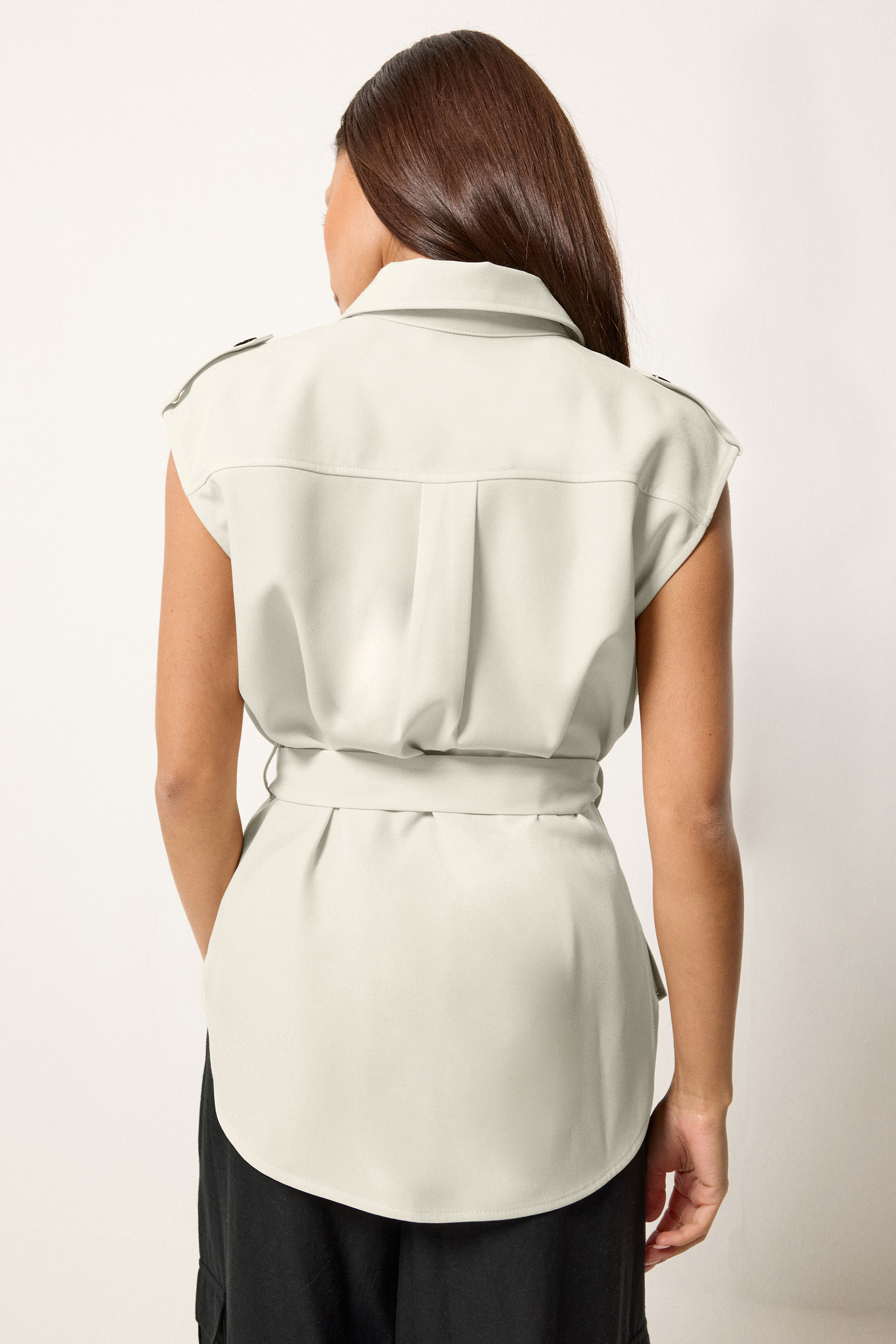 PixieGirl Petite Women's Ivory White Belted Utility Shirt | PixieGirl  4
