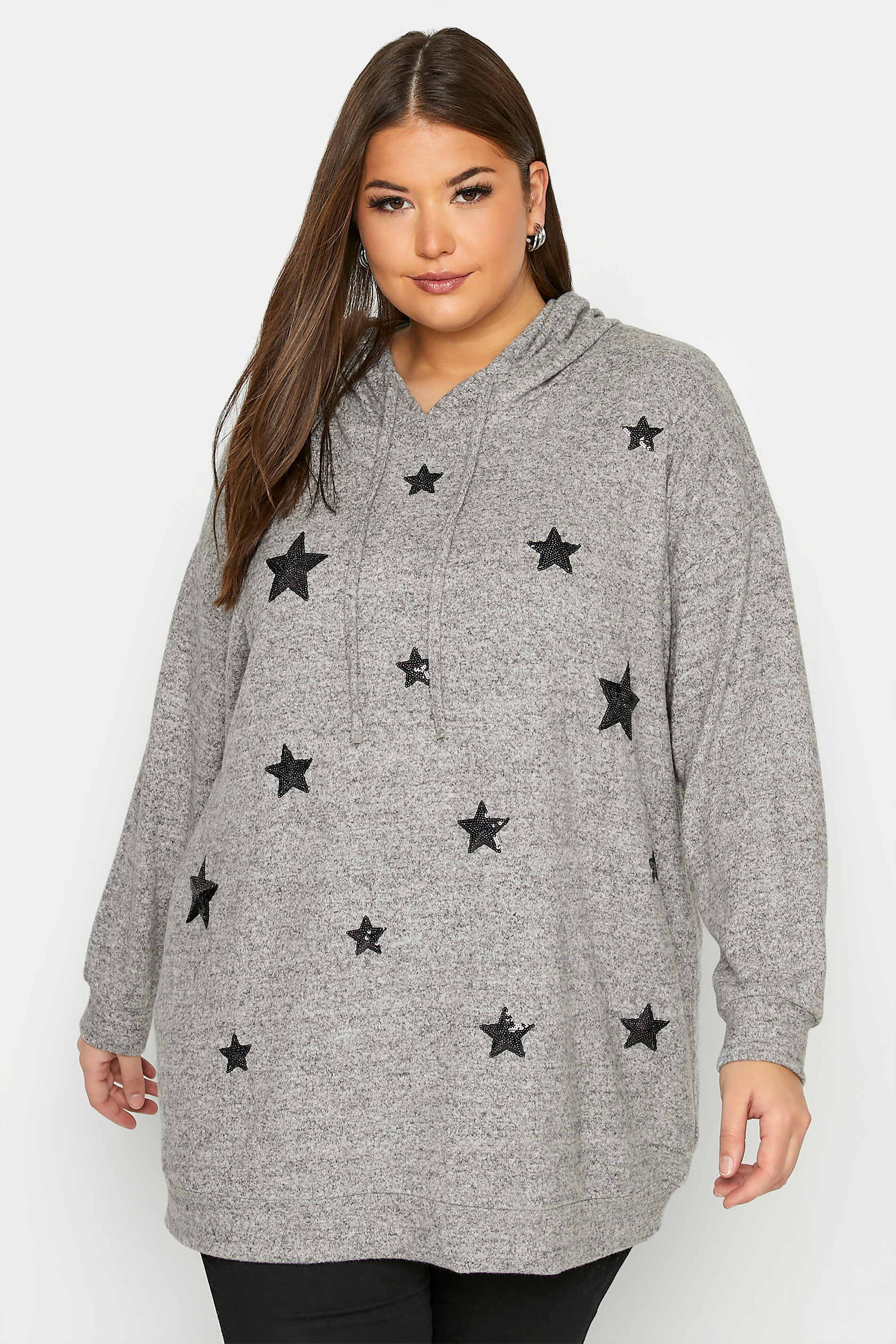 Curve Grey Sequin Star Soft Touch Hoodie 1