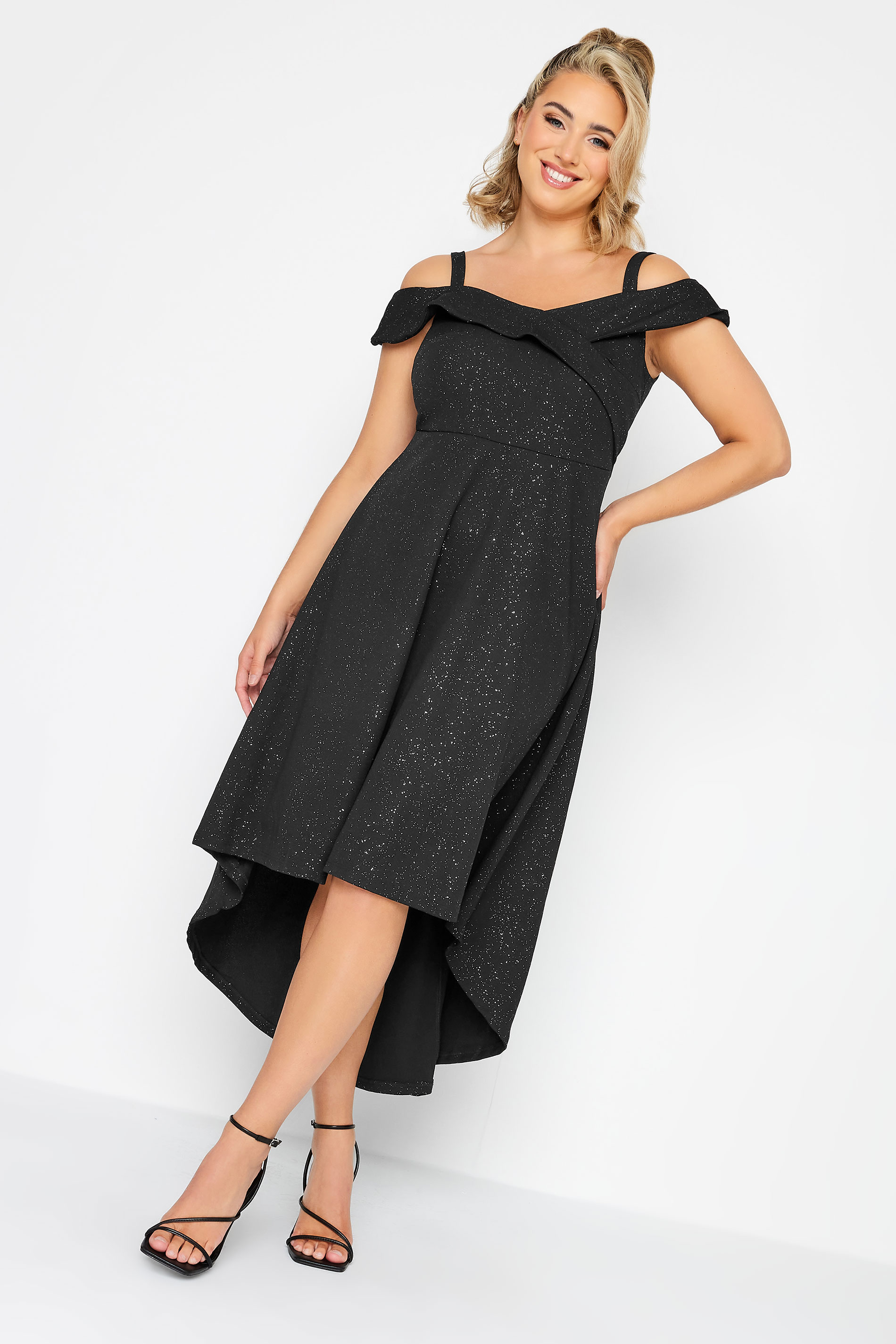 YOURS LONDON Plus Size Curve Black Glitter Bardot High Low Midi Bridesmaid Dress | Yours Clothing 2
