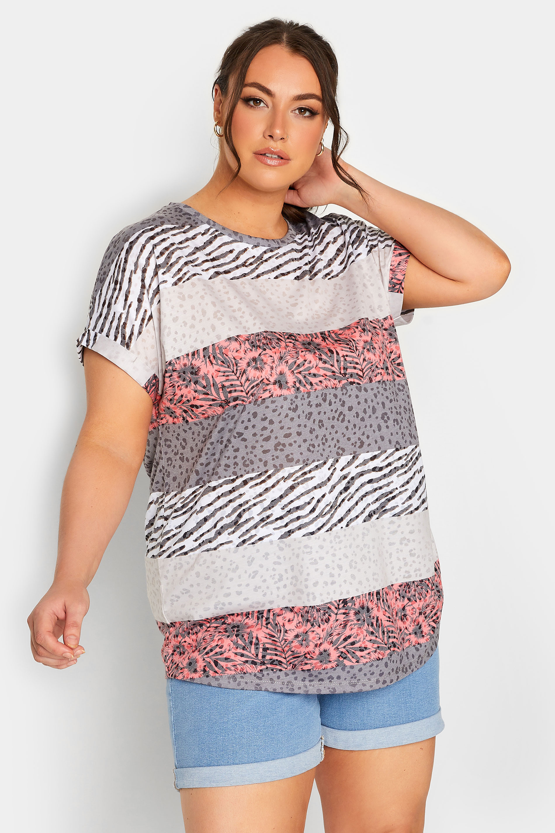 YOURS Curve Beige Brown Stripe Animal Print T-Shirt | Yours Clothing  1