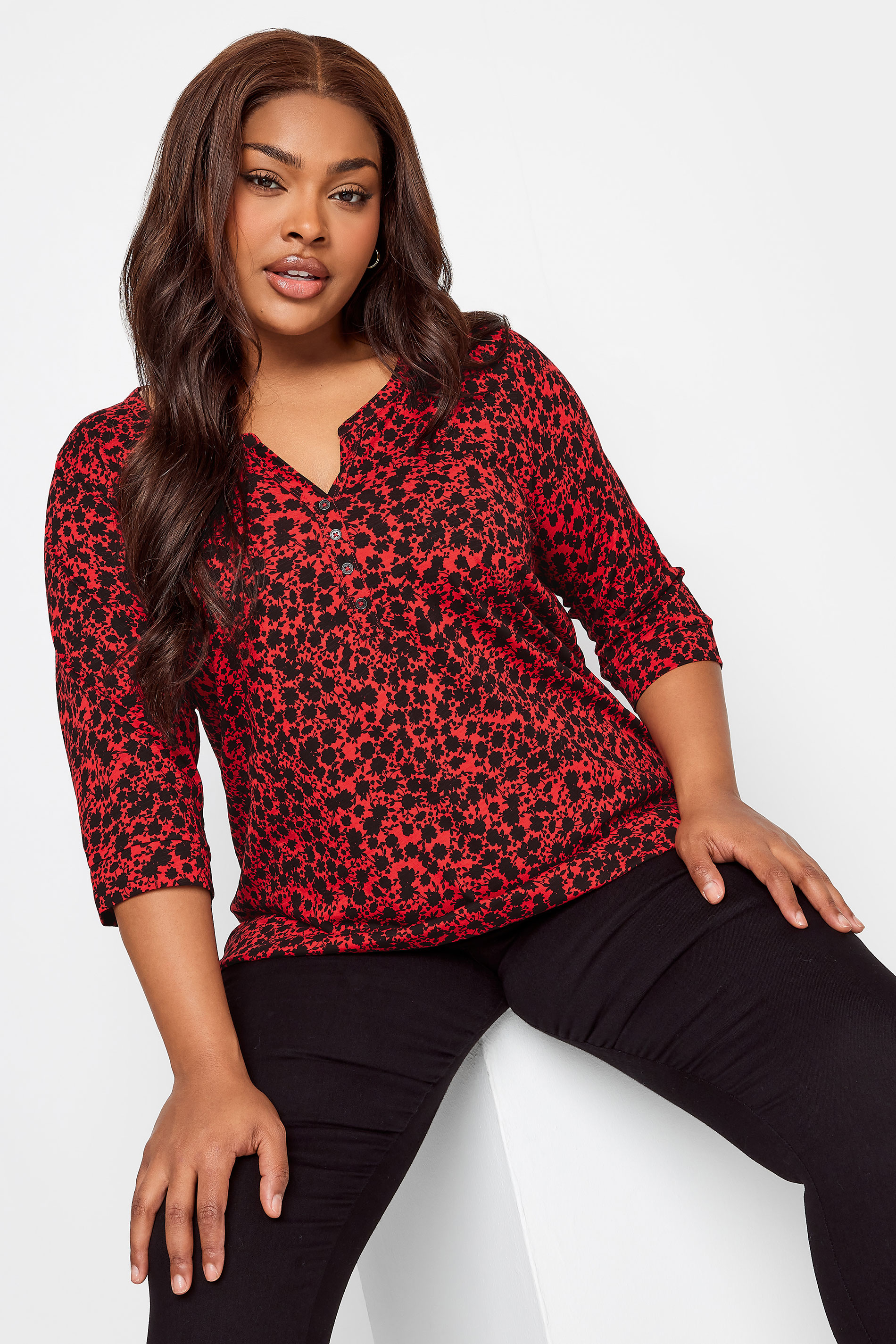 YOURS Plus Size Red Ditsy Floral Pintuck Henley T-Shirt | Yours Clothing  1