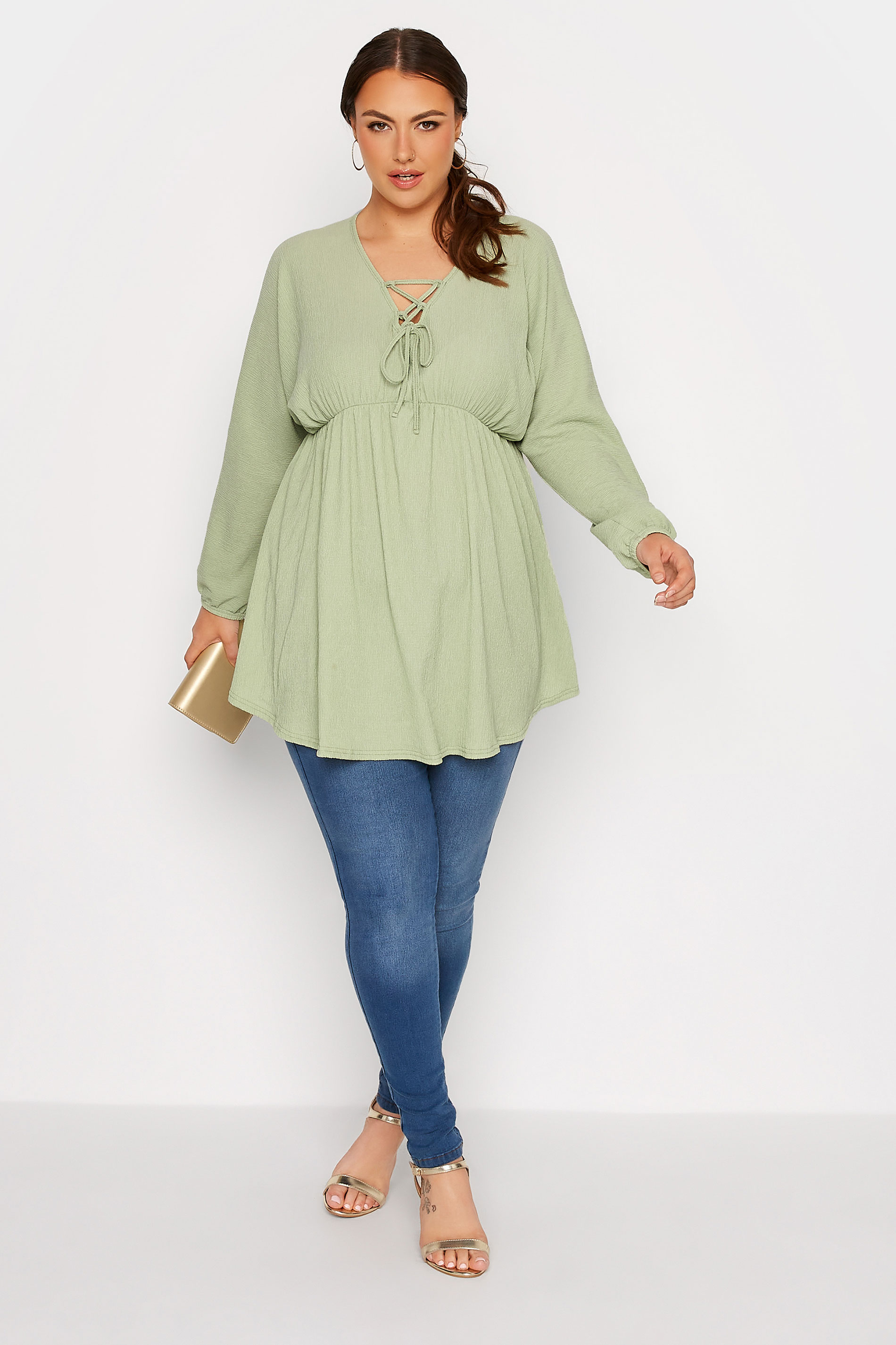 LIMITED COLLECTION Plus Size Sage Green Crinkle Lace Up Peplum Blouse | Yours Clothing 2