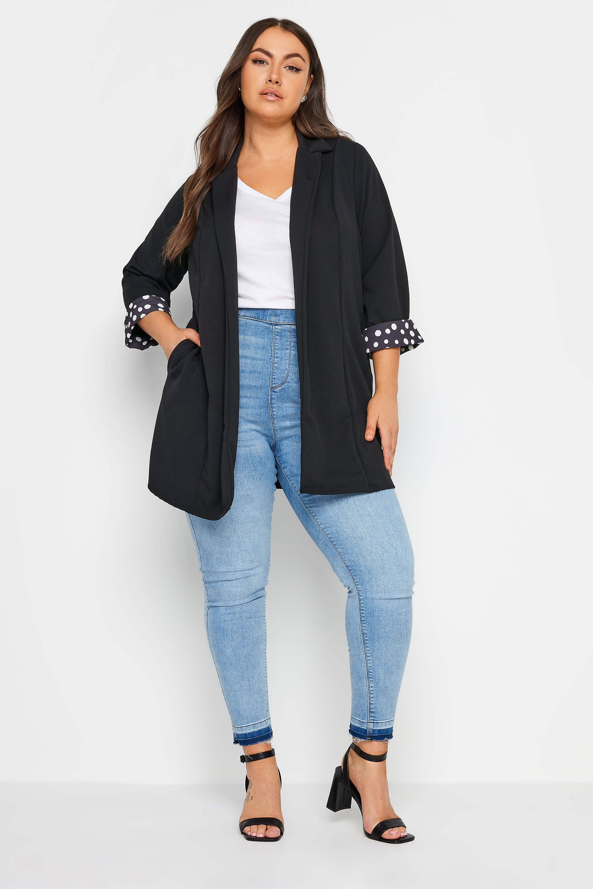 YOURS Curve Plus Size Black Polka Dot Roll Back Sleeve Blazer | Yours Clothing 2