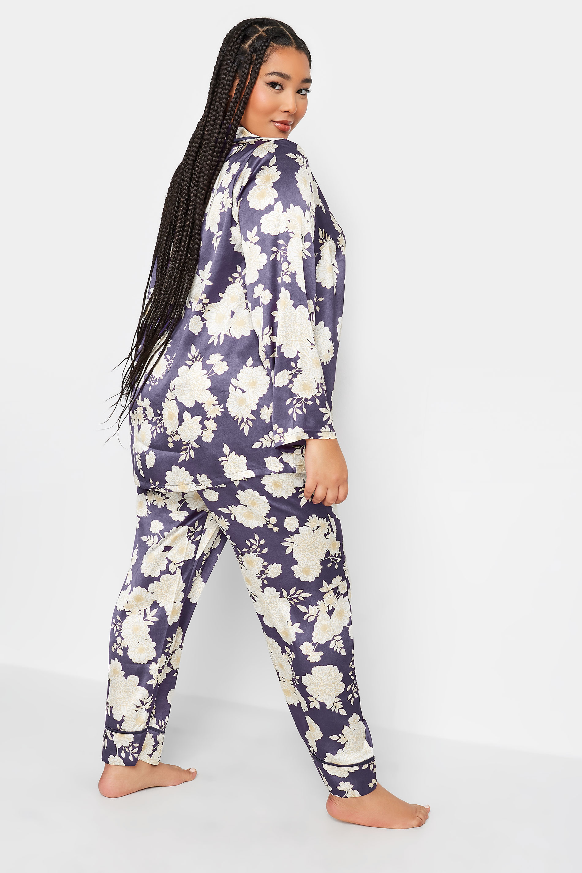 YOURS Plus Size Purple Floral Print Satin Pyjama Set | Yours Clothing 3