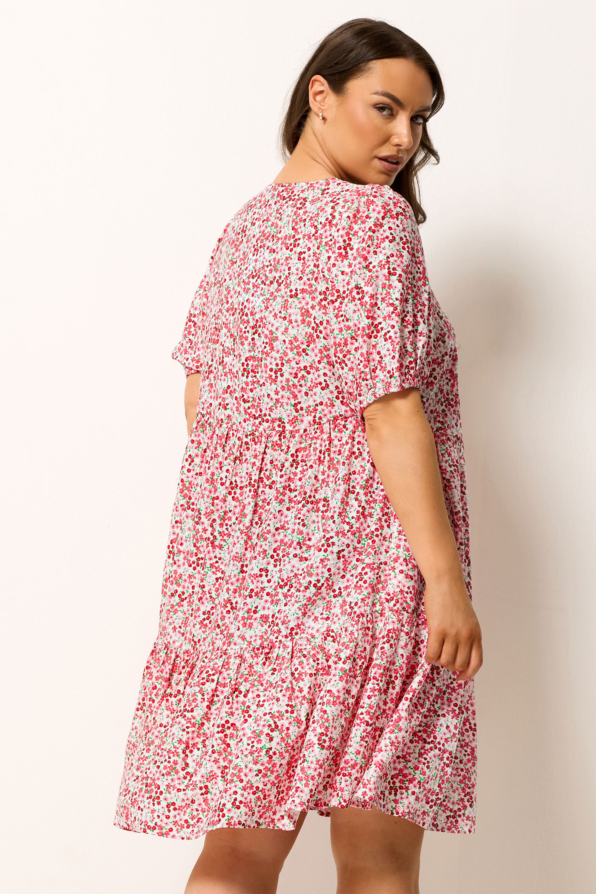 YOURS Plus Size Pink & White Floral Tiered Smock Dress | Yours Clothing 2