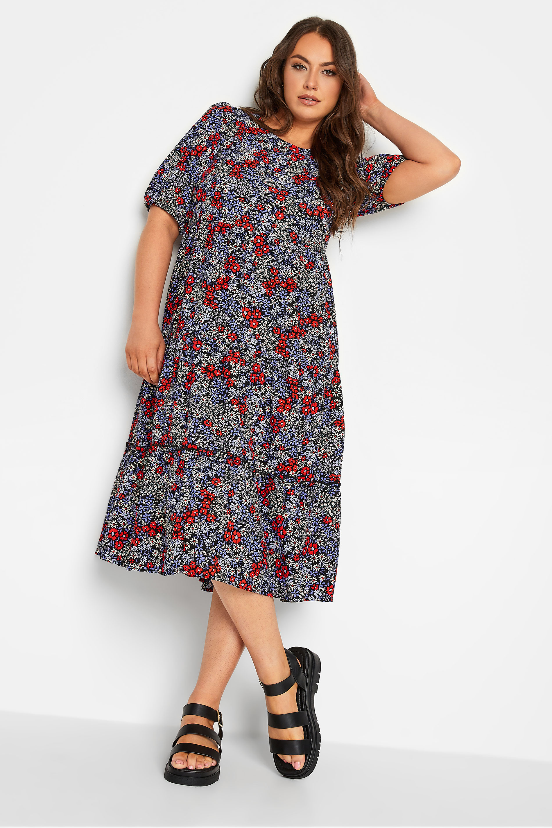 YOURS Curve Plus Size Blue & Red Floral Short Sleeve Midi Dress | Yours Clothing  1