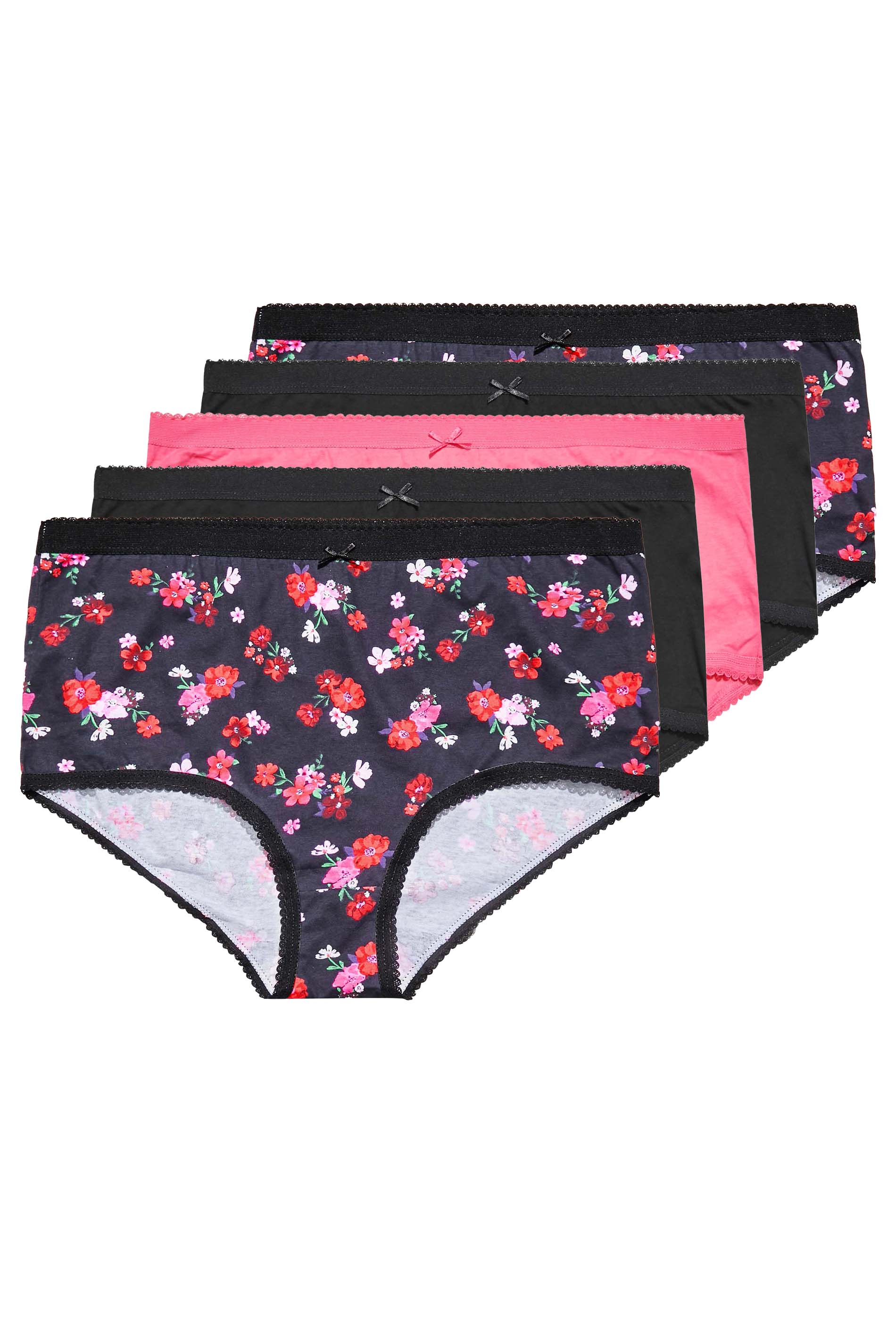 Plus Size 5 PACK Pink & Black Autumn Floral Print High Waisted Full Briefs | Yours Clothing  3