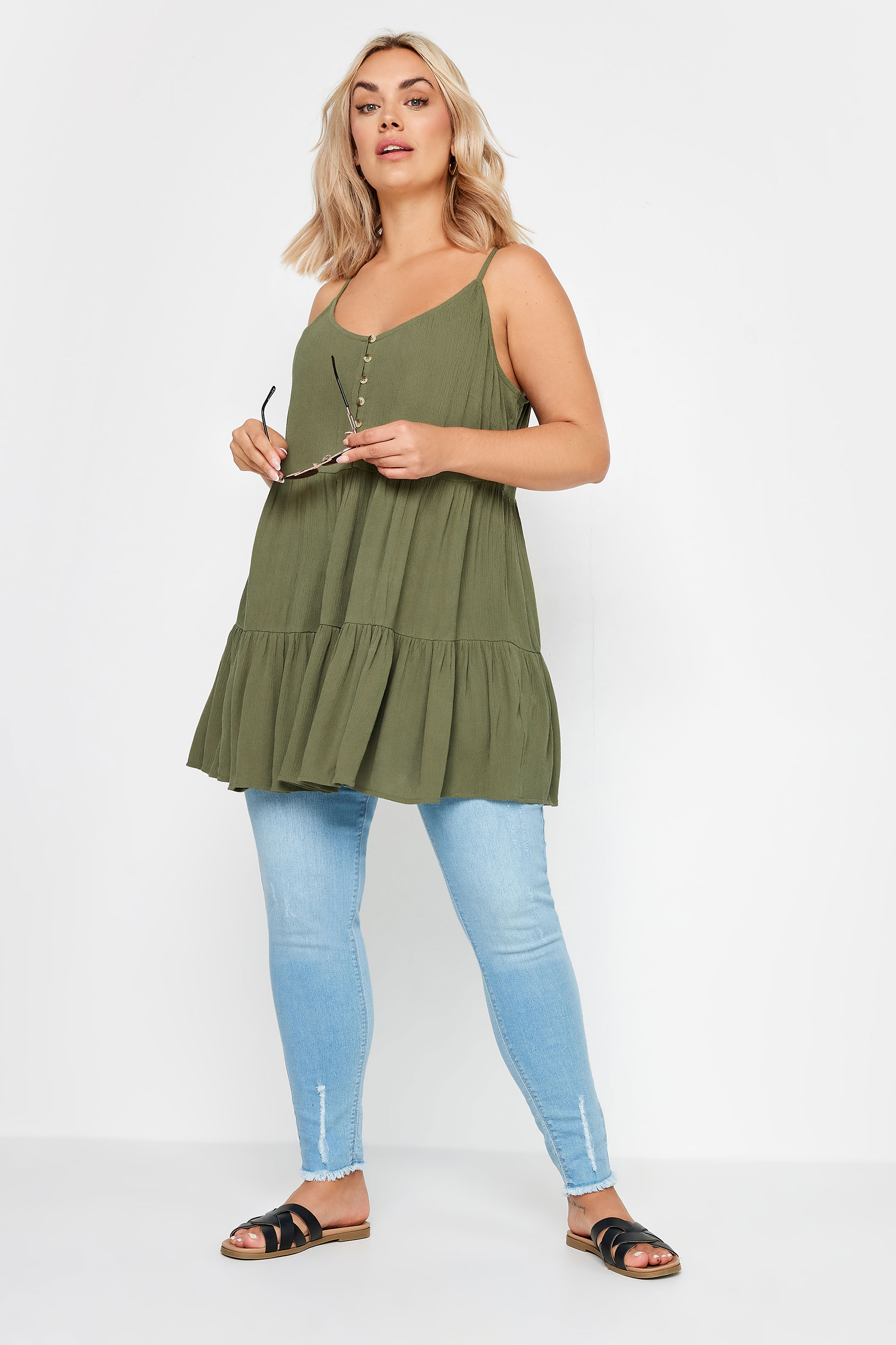 YOURS Plus Size Khaki Green Crinkle Tiered Vest Top | Yours Clothing 2