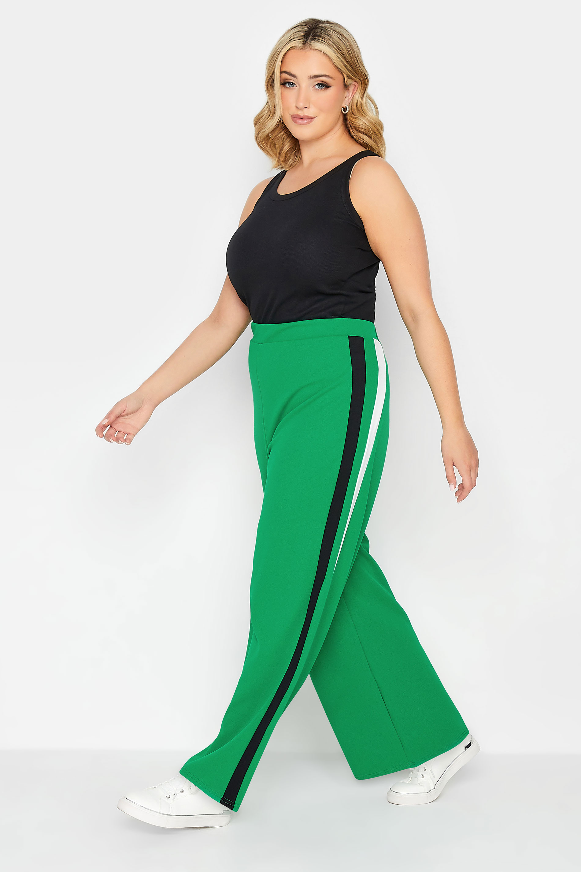 YOURS PETITE Plus Size Green Side Stripe Wide Leg Trousers | Yours Clothing 2
