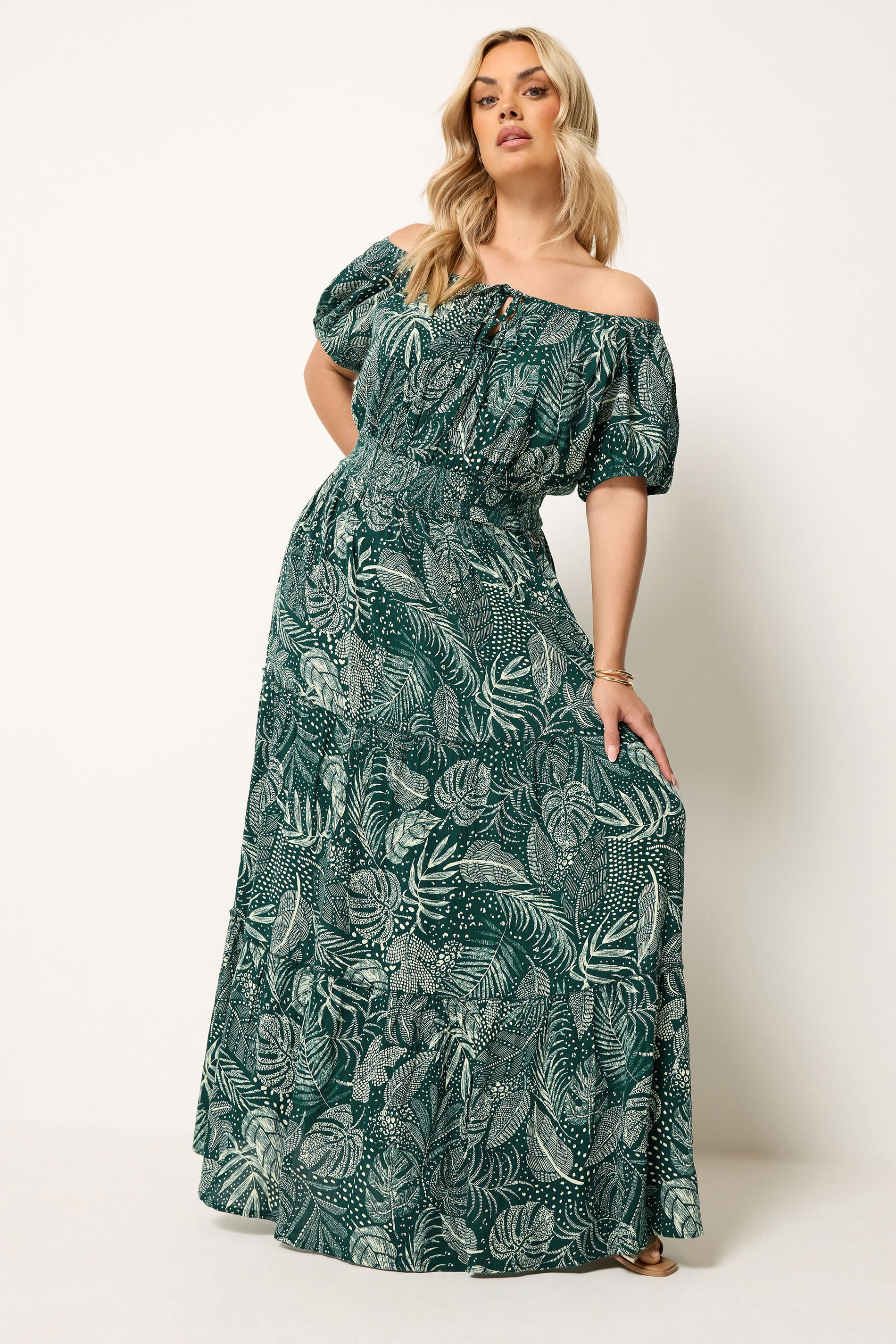 YOURS Plus Size Green Leaf Tie Neck Bardot Maxi Dress | Yours Clothing 2