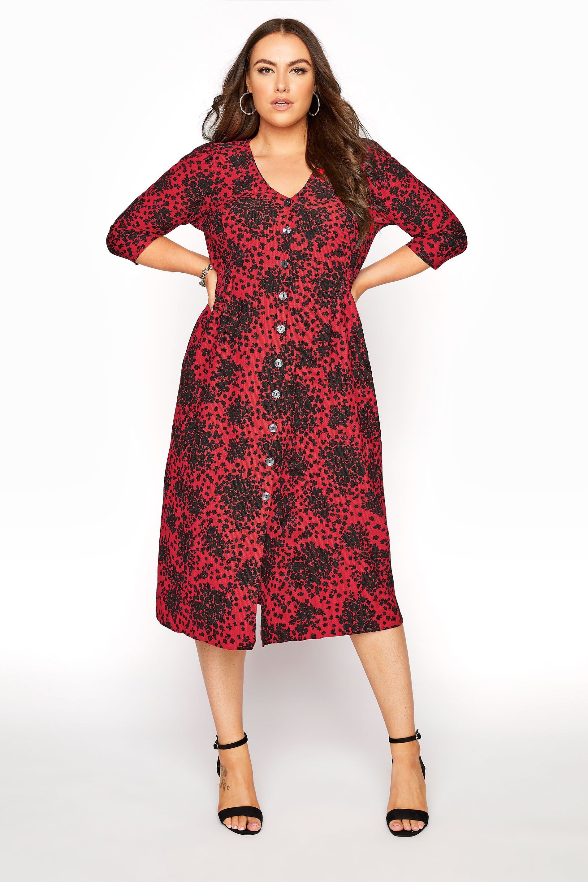 Robes Grande Taille Grande taille  Robes Manches Longues | YOURS LONDON - Robe Rouge Petites Fleurs - FD17326