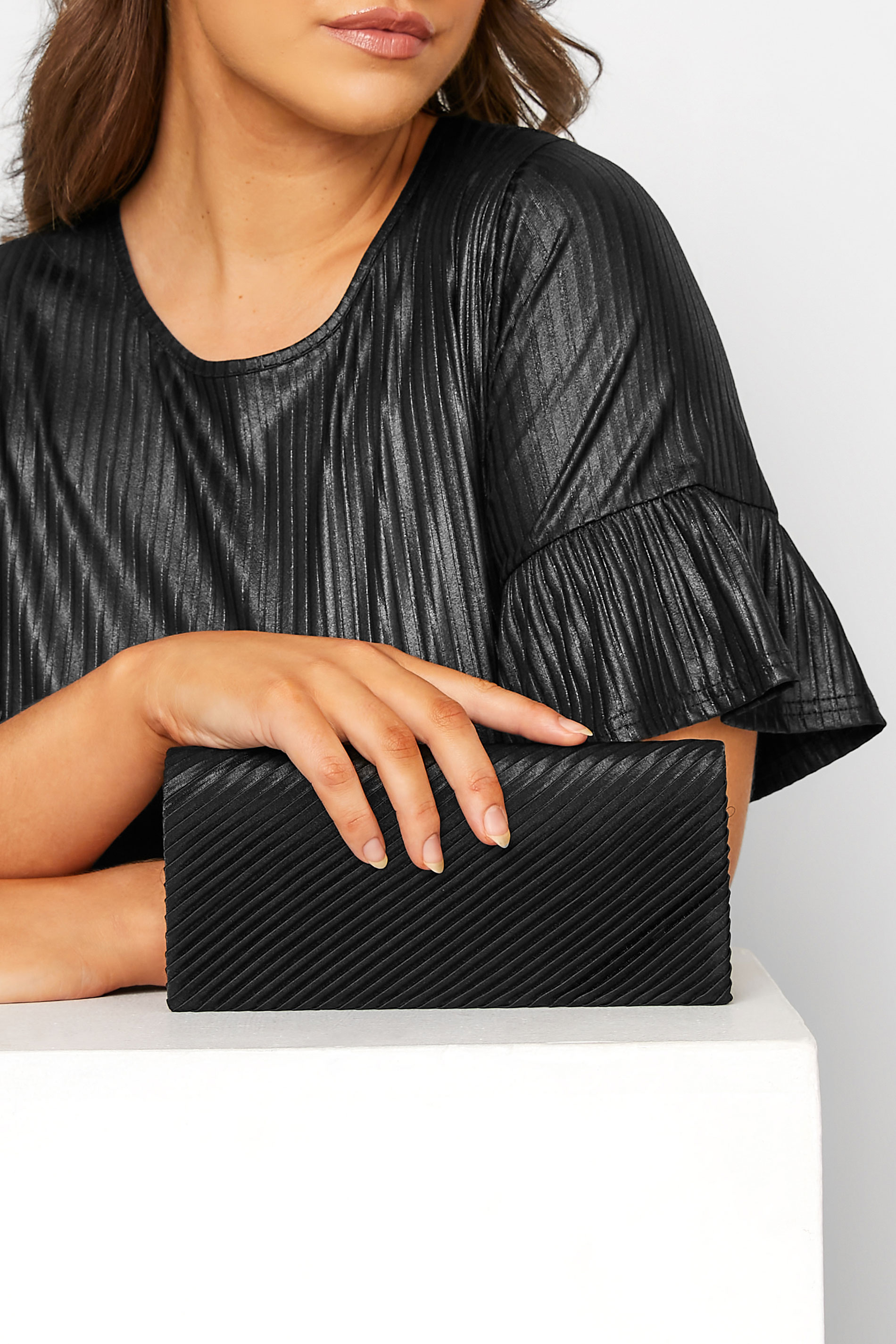 Black Pleated Satin Clutch Bag | Yours Clothing 1