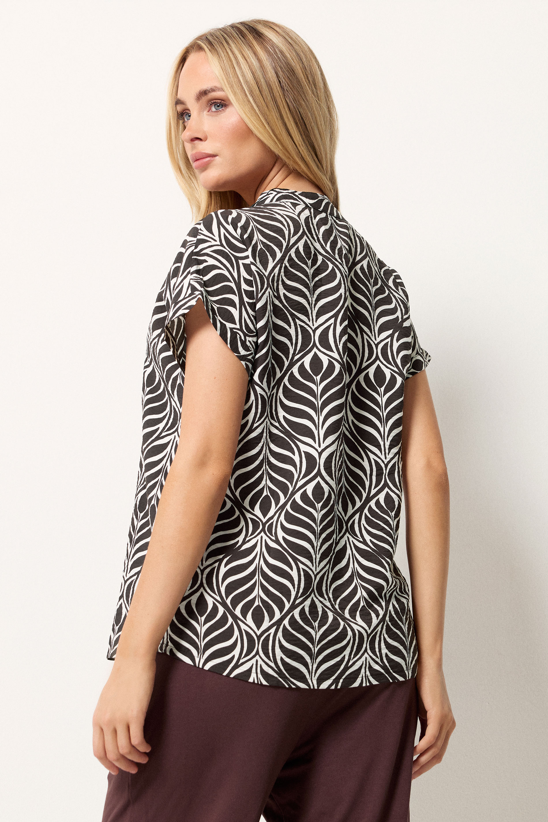 M&Co Brown Leaf Print Notch Neck Top | M&Co 2