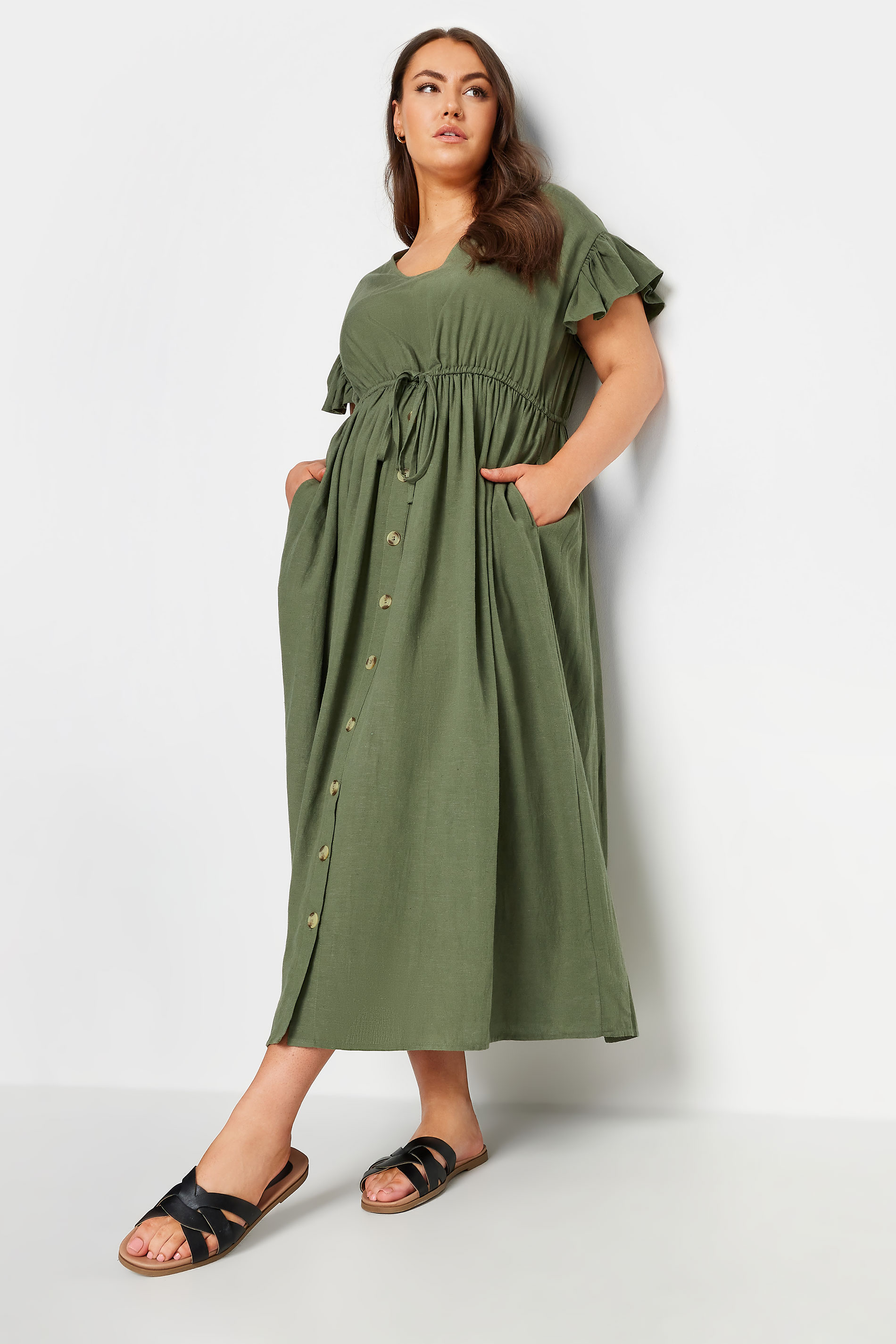 YOURS Plus Size Khaki Green Linen Maxi Dress | Yours Clothing 3