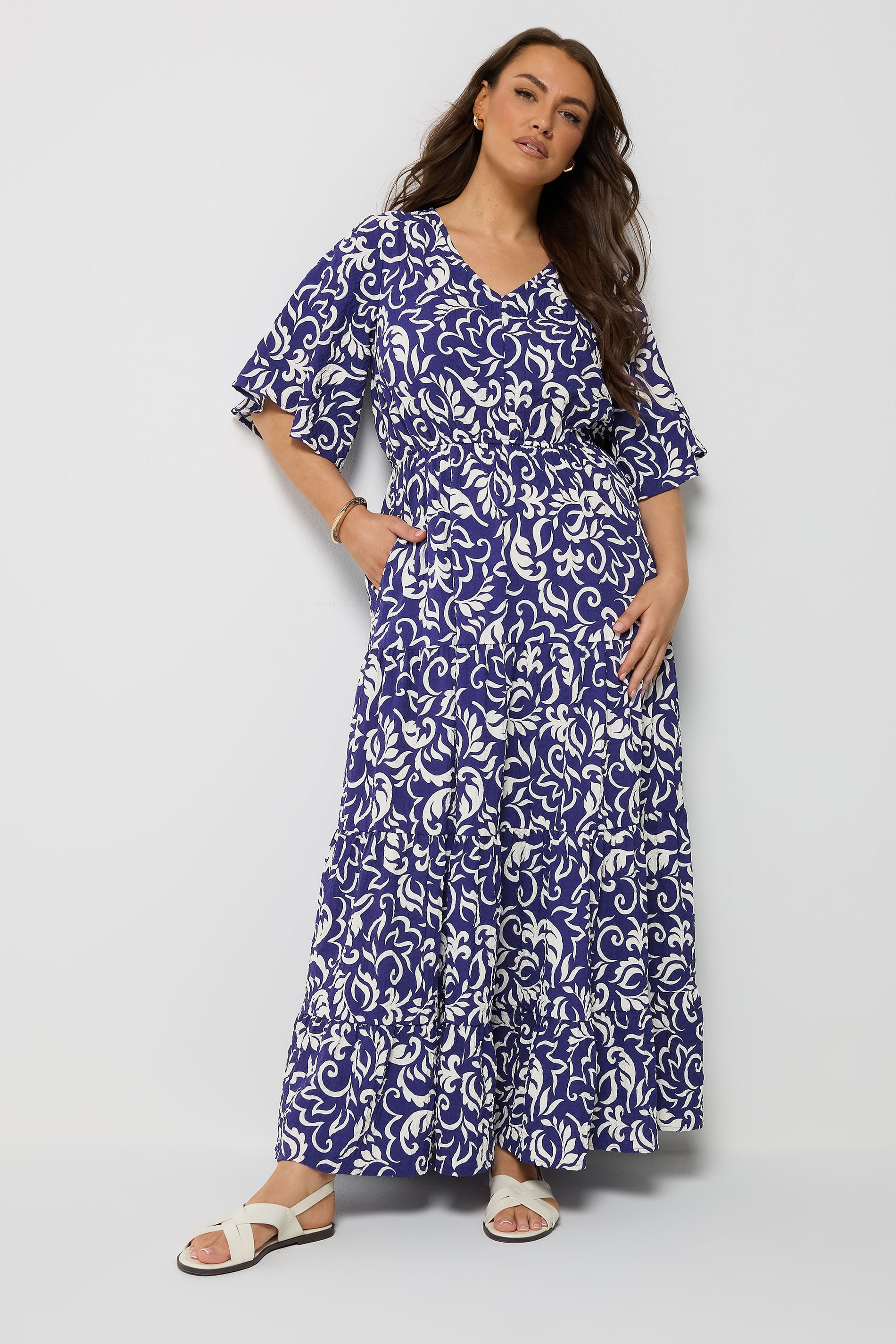 YOURS Plus Size Cobalt Blue Leaf Print Tiered Maxi Dress | Yours Clothing 1