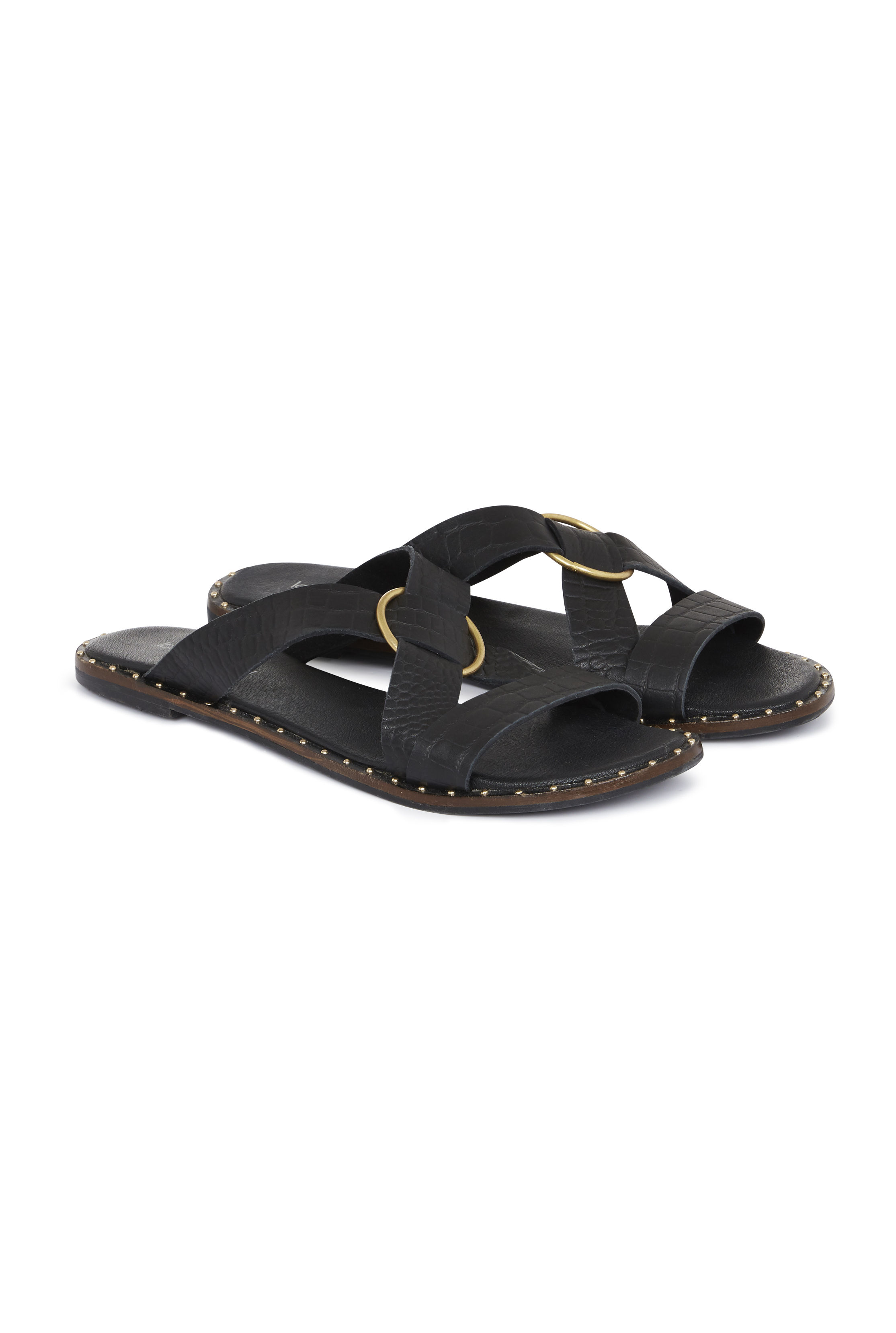 Black Buckle Detail Leather Sandals | Long Tall Sally