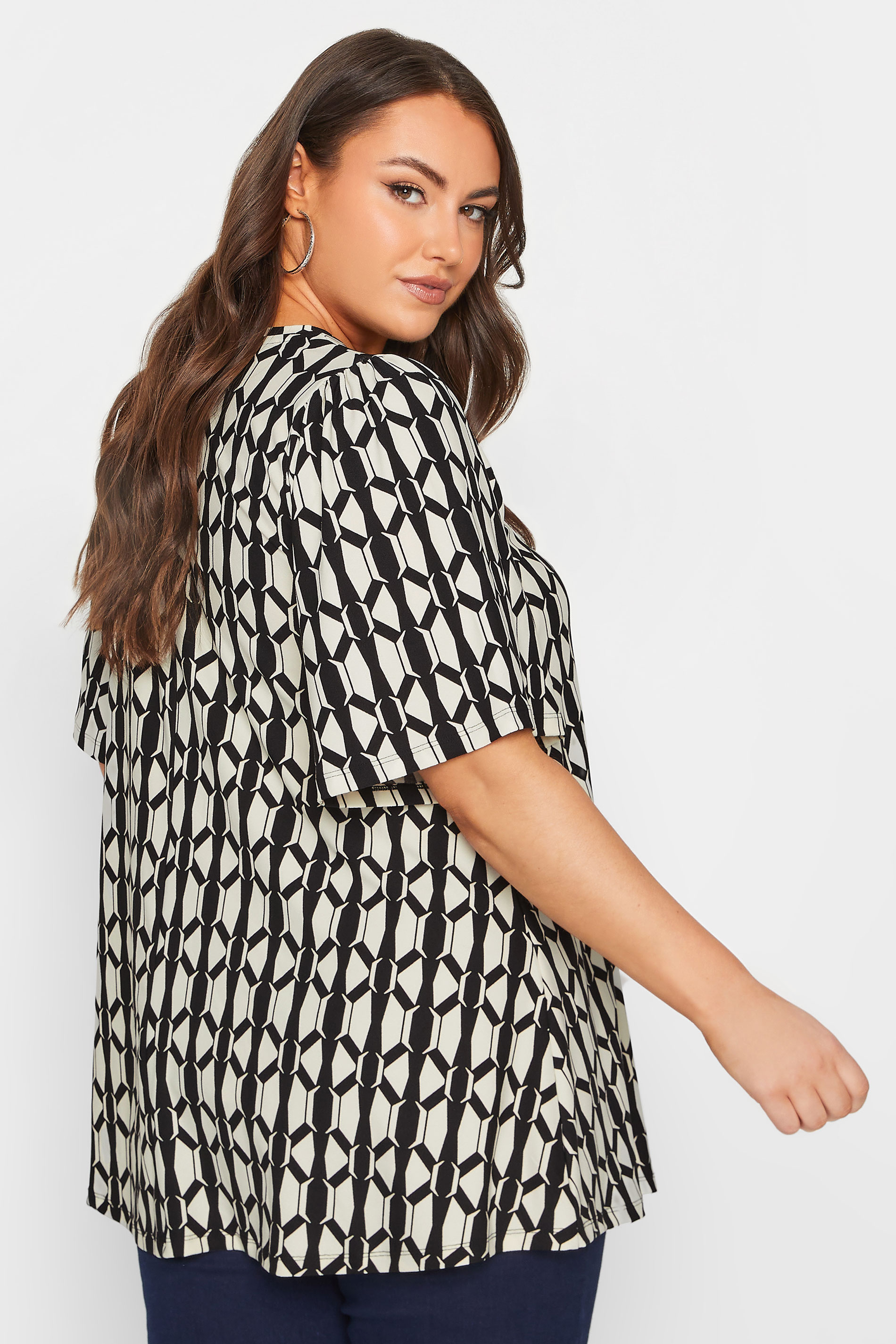 YOURS Curve Plus Size Black Geometric Print Angel Sleeve Top | Yours Clothing  3