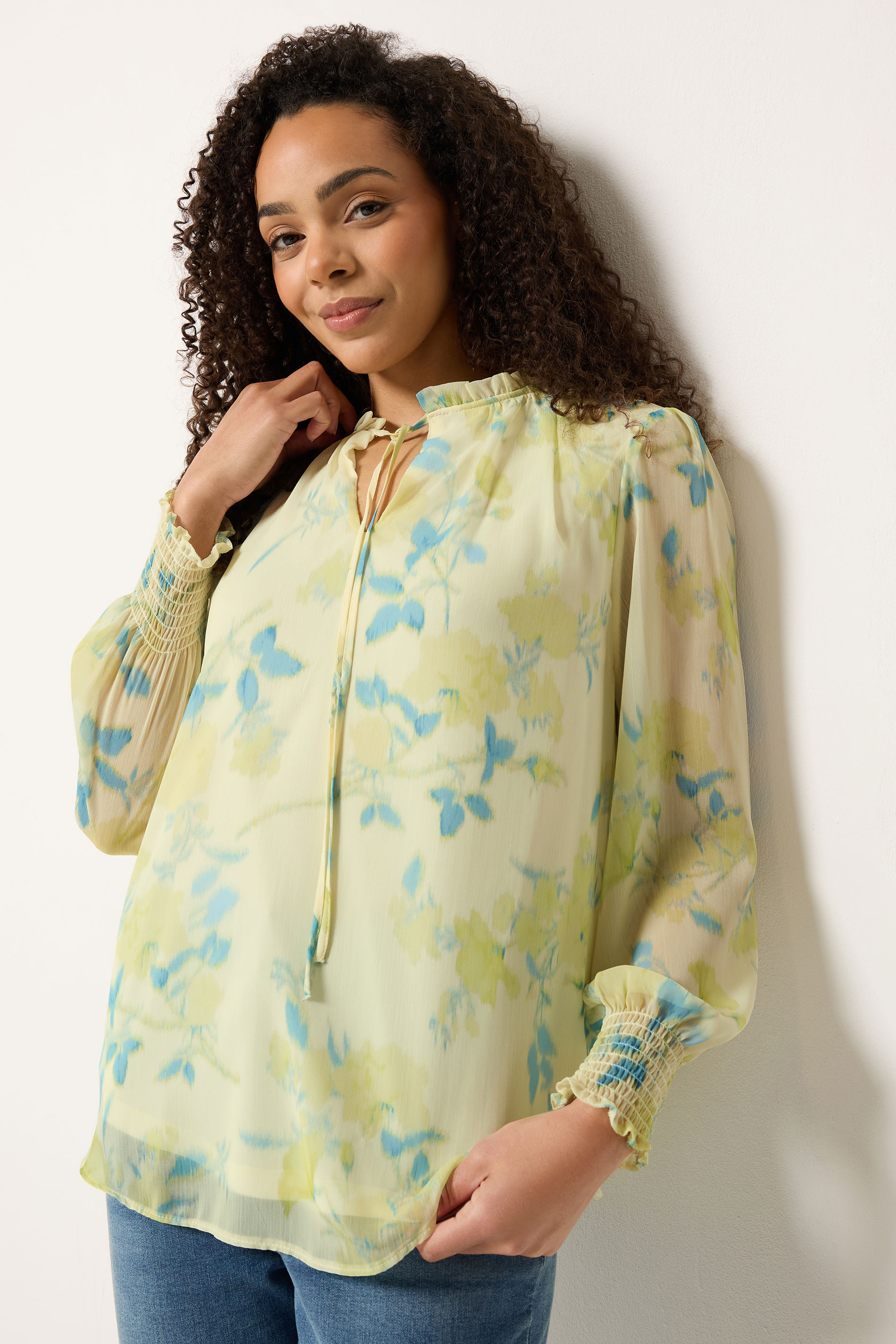 M&Co Yellow Floral Print Tie Neck Blouse | M&Co 3