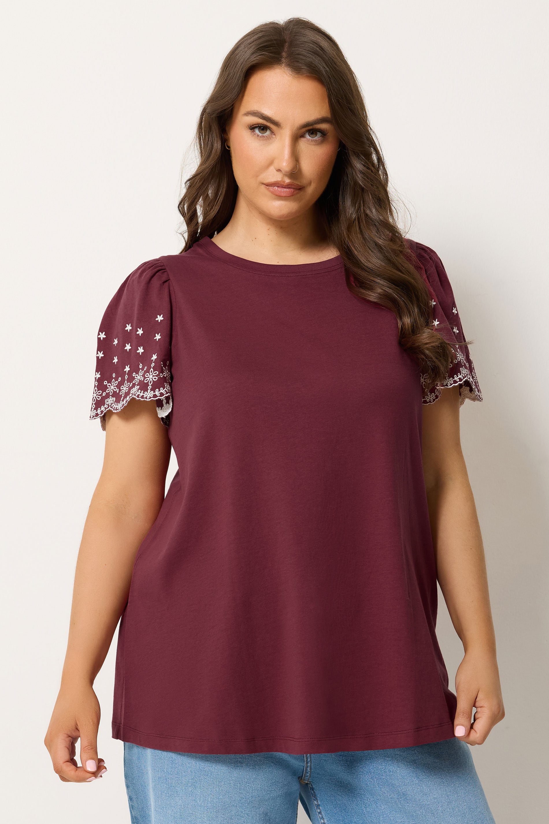 YOURS Plus Size Burgundy Red Embroidered Sleeve T-Shirt | Yours Clothing 3