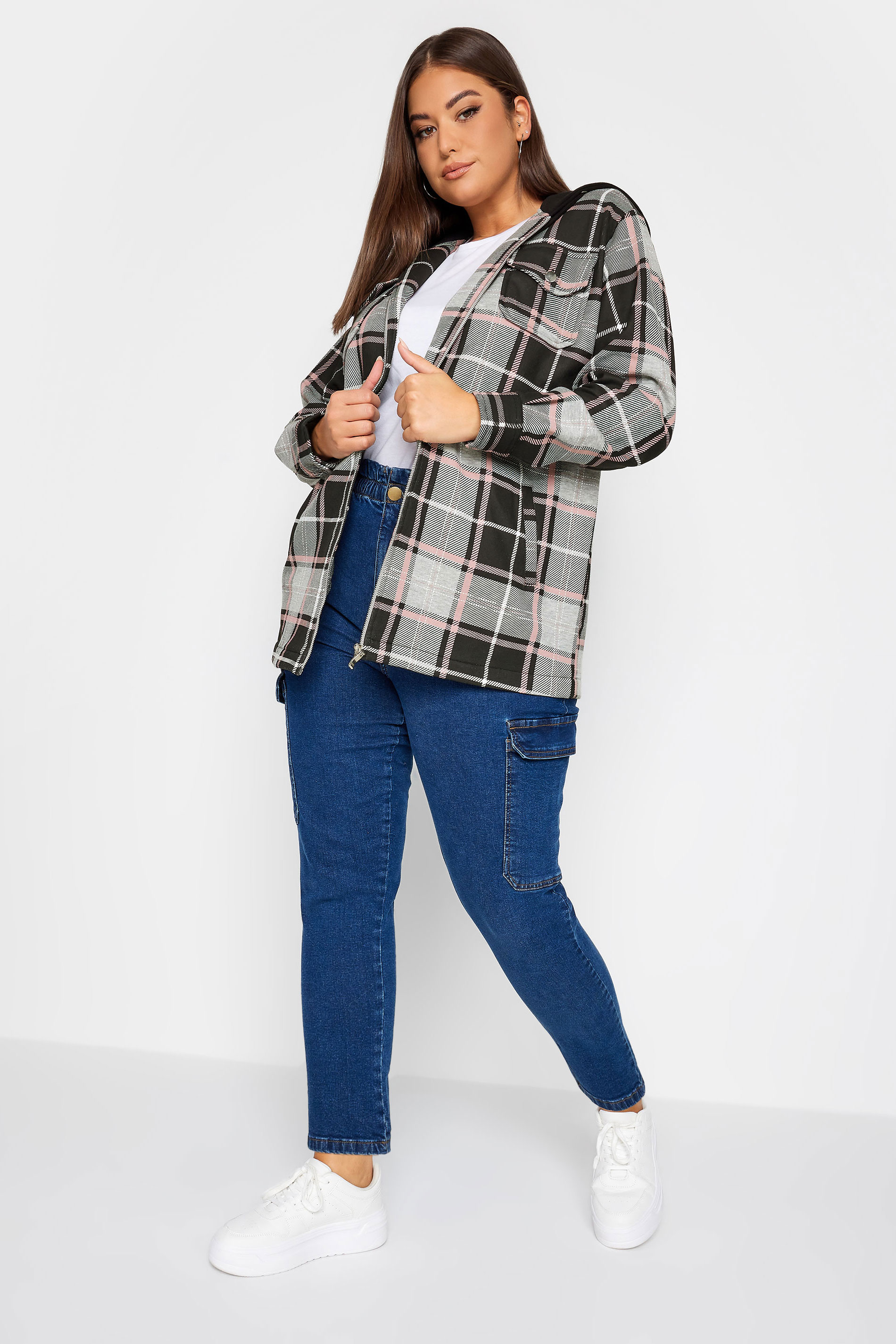 YOURS Plus Size Black & Pink Check Hooded Shacket | Yours Clothing 2