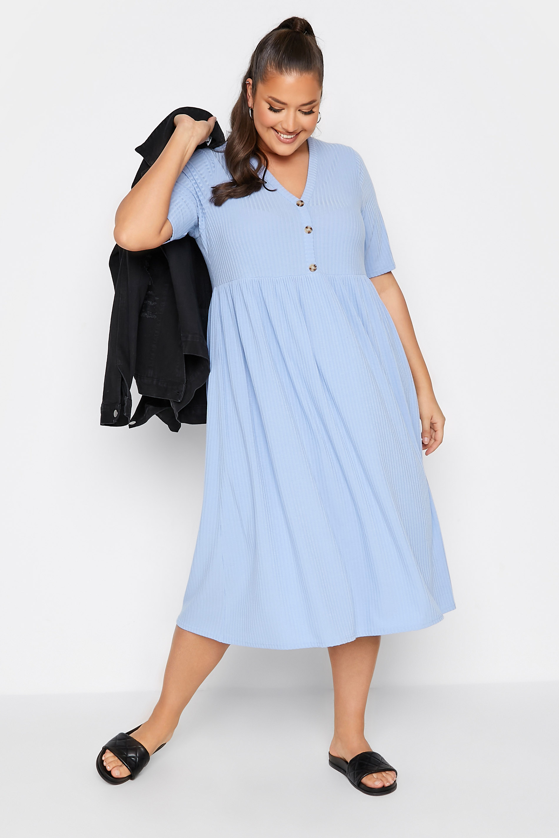 LIMITED COLLECTION Curve Light Blue Ribbed Peplum Midi Dress 1