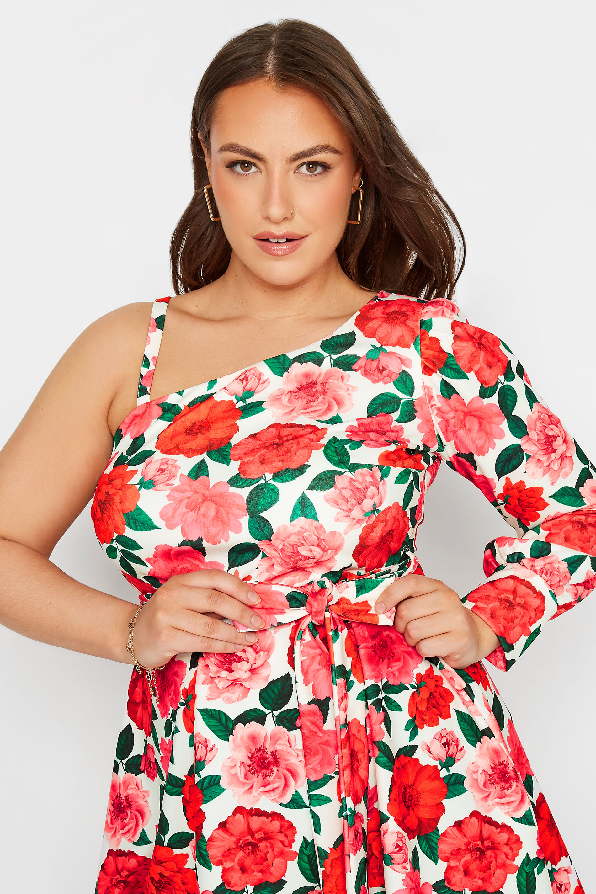 YOURS LONDON Plus Size White Rose Print One Shoulder Peplum Top | Yours Clothing 3