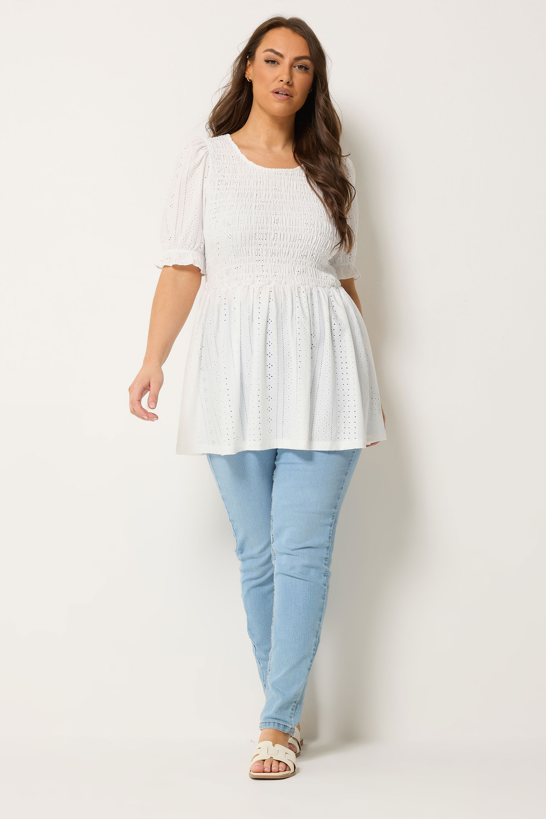 YOURS Plus Size White Broderie Anglaise Shirred Puff Sleeve Top | Yours Clothing 1