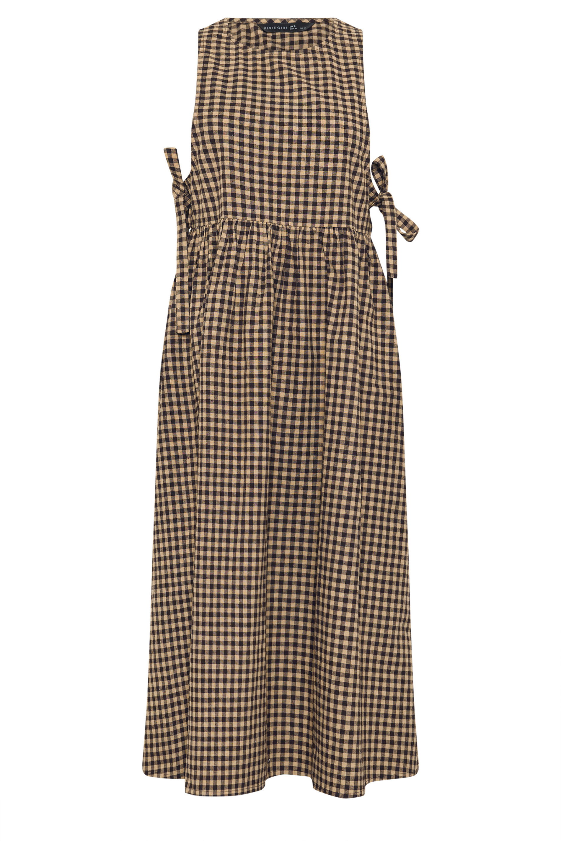 PixieGirl Petite Women's Brown Gingham Tie Side Pinafore Dress | PixieGirl 5