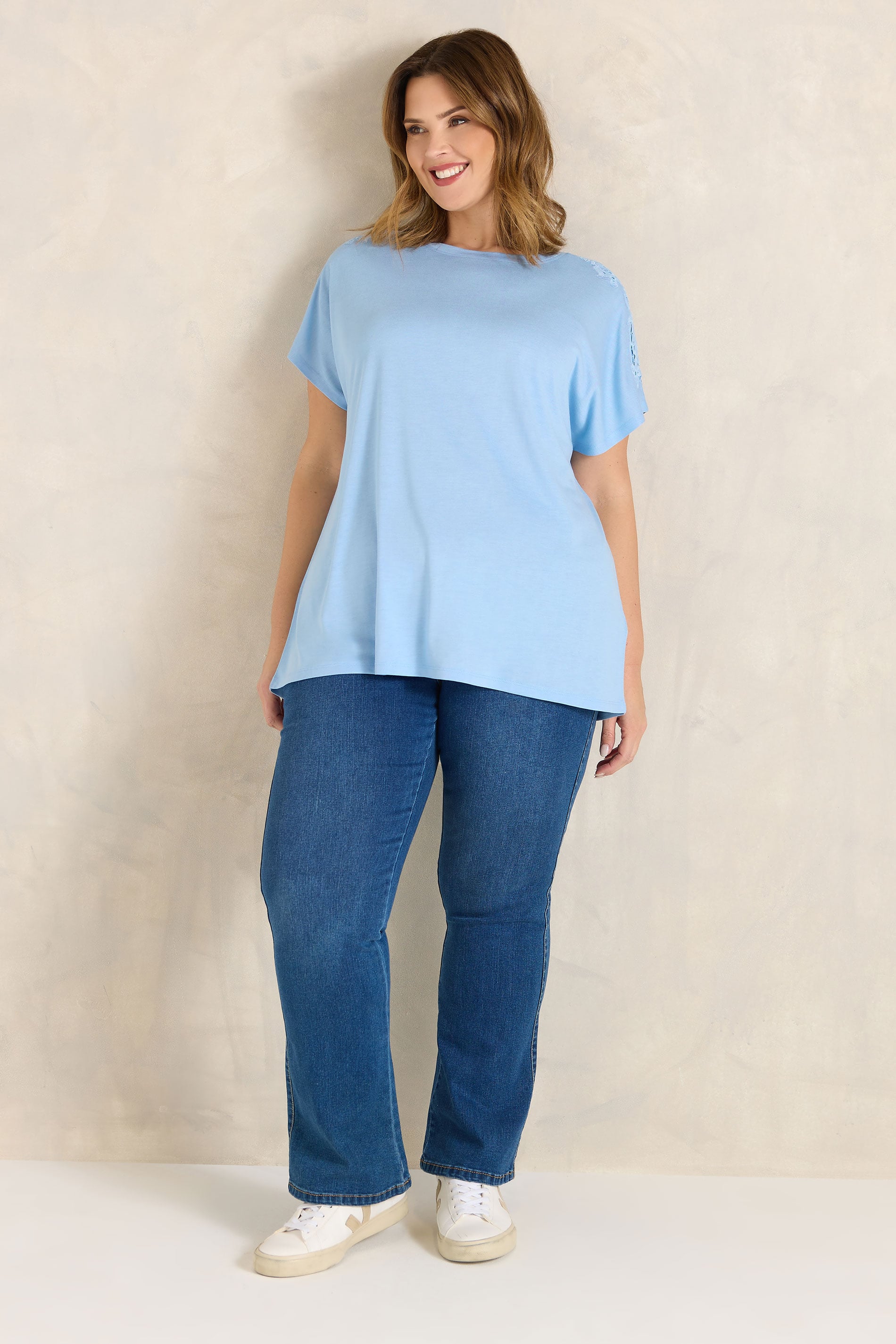 EVANS Plus Size Light Blue Crochet Shoulder Modal T-Shirt | Evans  2