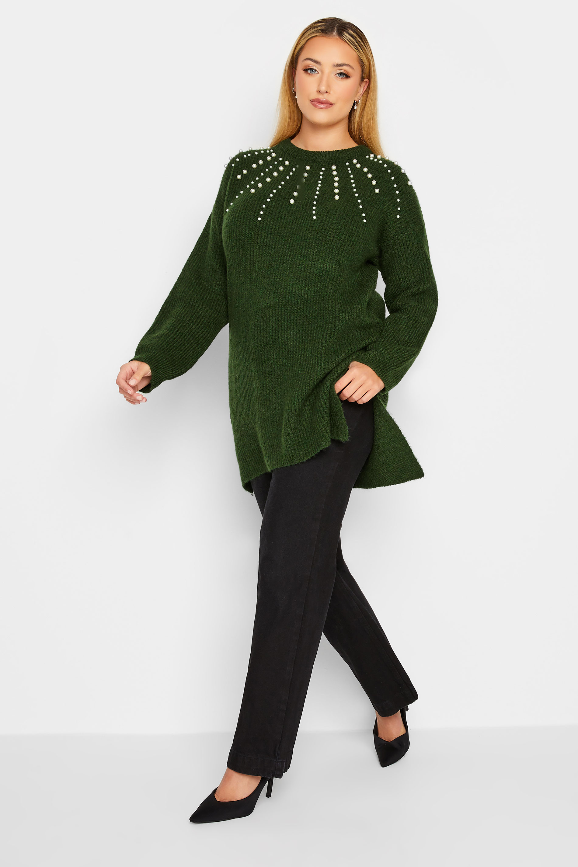 YOURS LUXURY Plus Size Green Embellished Dipped Hem Jumper | Yours Clothing 3